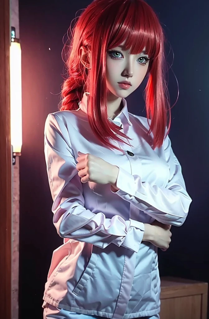 beautiful gorgeous Makima woman staring at the viewer, yellow eyes, sharp, red hair, white shirt, black , long legs, black tie, volumetric lightning, superdetailed