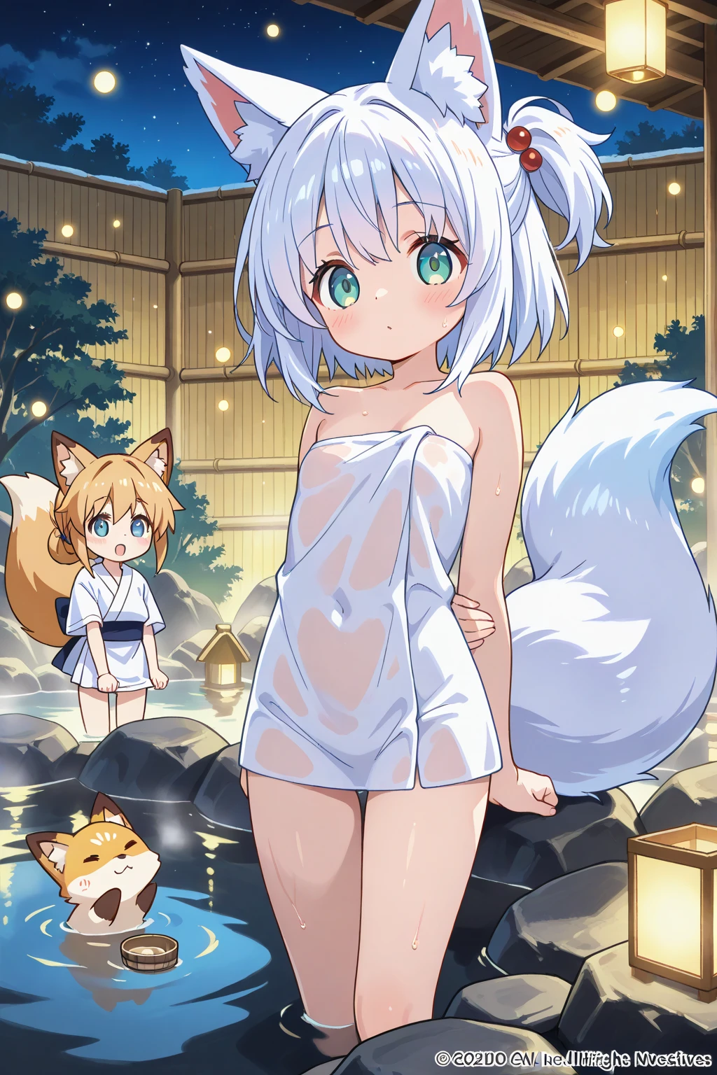 Masterpiece, top quality anime illustration, super detailed, two girls, silver-haired beautiful girl, anime loli, cat ear loli, short cheongsam, sleeveless, pale color pink see-through cheongsam and light blue see-through cheongsam in pale color, smile, ????????? lateral ??????, thigh focus, cleavage emphasis, hot spring