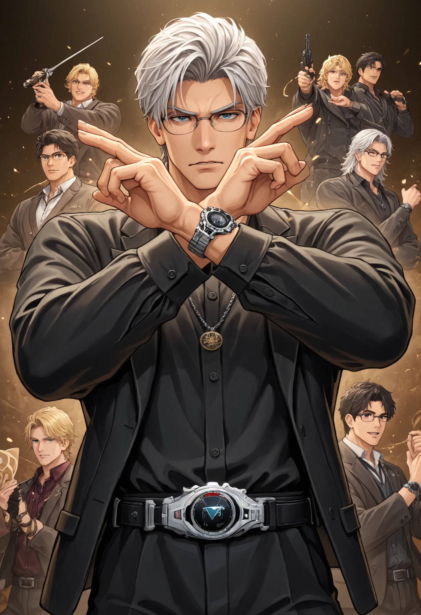 henshin pose,pwobjection,manbrut,glasses, accessories, watch, necklace,, Homem bonito e atraente de 38 anos, com barba preta e pele branca/ parda ,  olhos castanhos e cabelo castanho curto estiloso, terno preto, usando óculos de grau, foto de frente com fundo cenário branco, foto perfeita, homem solo, maxilar fino e para frente