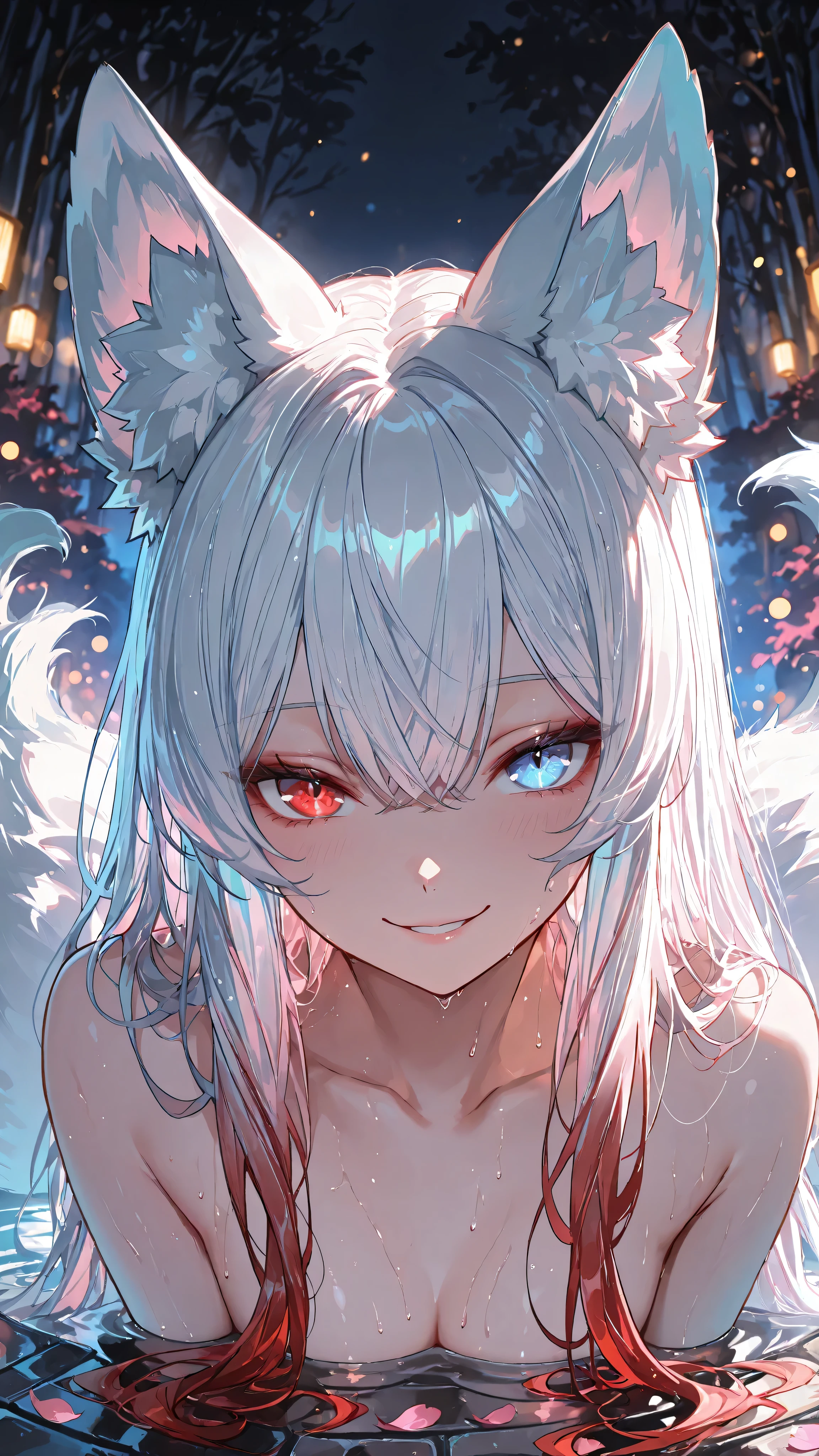 (masterpiece, best quality, 8k, ultra detailed, anime style, digital painting), 1 female, kitsune, (kemonomimi_mode, animal_ears, no_human_ears, only_animal_ears), (medium shot), (looking at viewer), (seductive expression), (mysterious smile), (moody lighting, dramatic shadows, bloom lighting, colored shadows,neon aesthetic, neon colors, glowing, glow effect, vibrant colors, high contrast, fluorescent, luminescence, light effects, chromatic lighting, colorful lighting, bright outlines, neon lineart, dark background, digital art)
1 beautiful kitsune in onsen, extreme close-up, over-shoulder view, looking at viewer with mysterious smile,
heterochromia (crimson red eye, ice blue eye), pure white hair with red tips, fluffy fox ears,
wet skin, water droplets on face,
magical neon lighting (pink, blue), reflections in eyes,
steam, floating petals, bokeh background,
mystical, enchanting, intimate atmosphere, cinematic lighting, bloom.