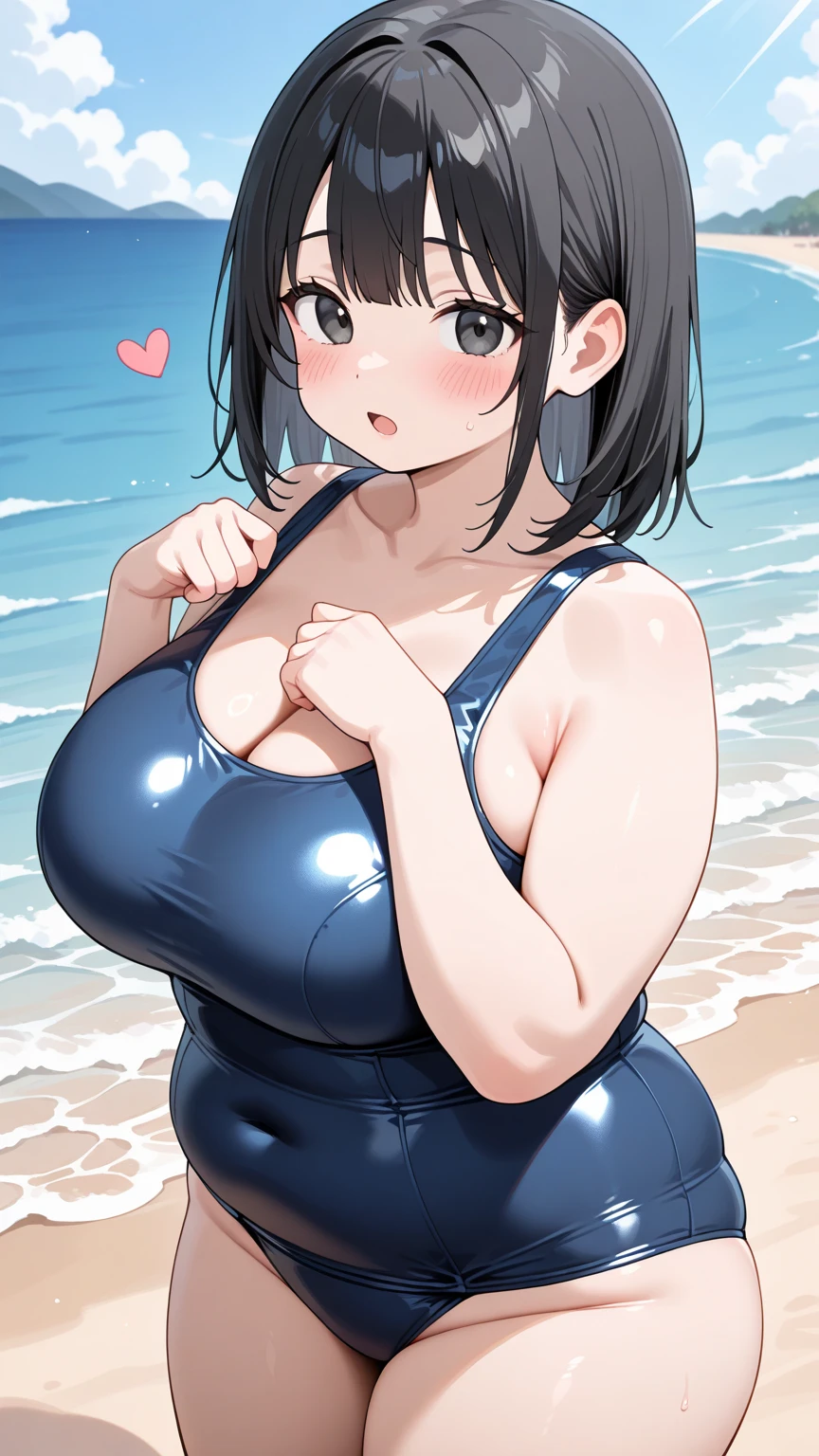 high resolution、Ultra HD、Best Quality、Top quality、Extremely detailed image quality、Realistic woman、A big smile、open mouth, (1girl:1.8)、(looking straight:1.8), Japanese、Peaceful face、12-year-old woman、Married Woman、Plump body、belly button、short black hair、Shiny skin、Skin that is very shiny after applying oil、High gloss skin、Facing forward、The whole body is reflected、(beach:1.3)、 standing、Woman wearing(one-piece swimsuit:1.5), (High leg swimsuit:1.2), High leg panties, (Bursting huge breasts、Valley、Shiny skin、radiant skin、Glowing Skin、High gloss skin:1.4)、(arms behind back:1.2), 