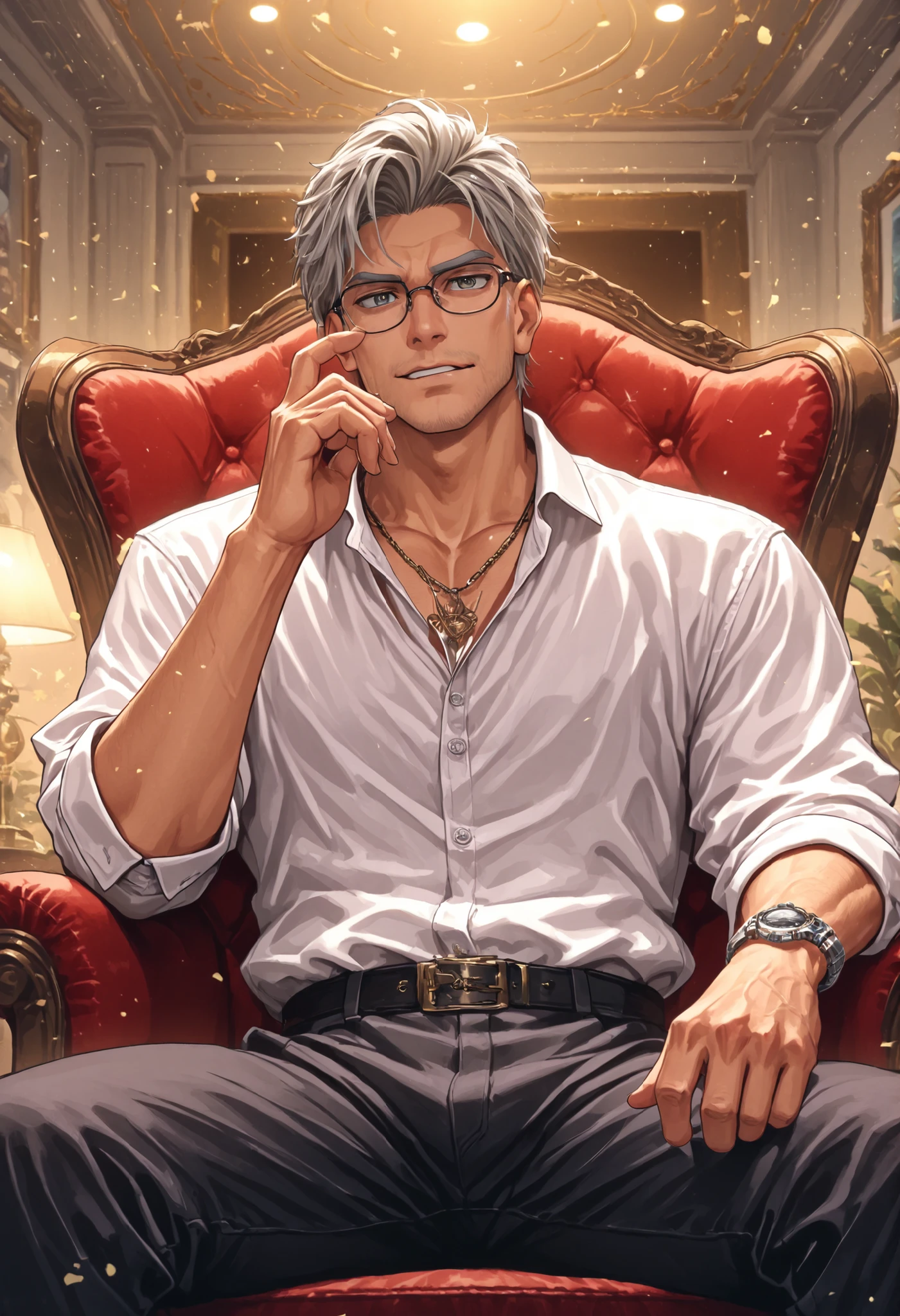 Basic Instinct Pose, B4sic1nstinctP0se, basic_instinct_(movie), , sitting, on_chair, looking at viewer, facing viewer,,pwobjection,manbrut,glasses, accessories, watch, necklace,, Homem bonito e atraente de 38 anos, com barba preta e pele branca/ parda , olhos castanhos e cabelo castanho curto estiloso, terno preto, usando óculos de grau, foto de frente com fundo cenário branco, foto perfeita, homem solo, maxilar fino e para frente