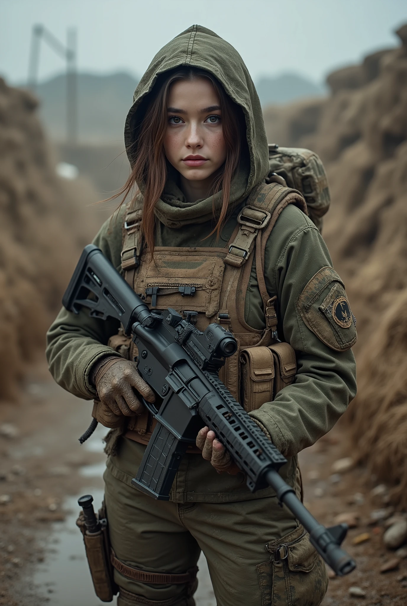 Dasha Taran An anonymous female soldier in tactical uniform in a trench,posing with a Sacar L,realistic image focus on face