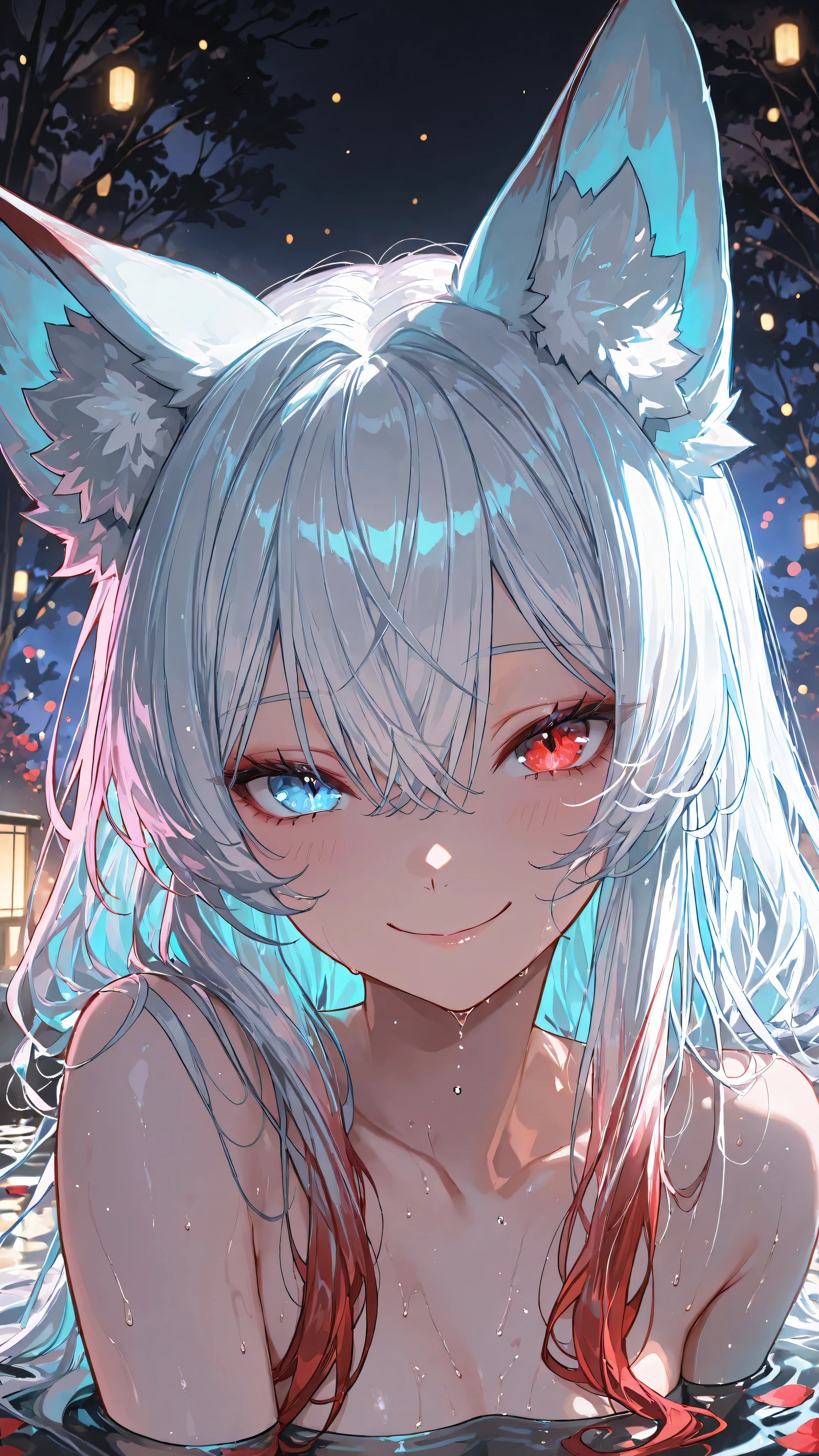 (masterpiece, best quality, 8k, ultra detailed, anime style, digital painting), 1 female, kitsune, (kemonomimi_mode, animal_ears, no_human_ears, only_animal_ears), (medium shot), (looking at viewer), (seductive expression), (mysterious smile), (moody lighting, dramatic shadows, bloom lighting, colored shadows,neon aesthetic, neon colors, glowing, glow effect, vibrant colors, high contrast, fluorescent, luminescence, light effects, chromatic lighting, colorful lighting, bright outlines, neon lineart, dark background, digital art)
1 beautiful kitsune in onsen, extreme close-up, over-shoulder view, looking at viewer with mysterious smile,
heterochromia (crimson red eye, ice blue eye), pure white hair with red tips, fluffy fox ears,
wet skin, water droplets on face,
magical neon lighting (pink, blue), reflections in eyes,
steam, floating petals, bokeh background,
mystical, enchanting, intimate atmosphere, cinematic lighting, bloom.