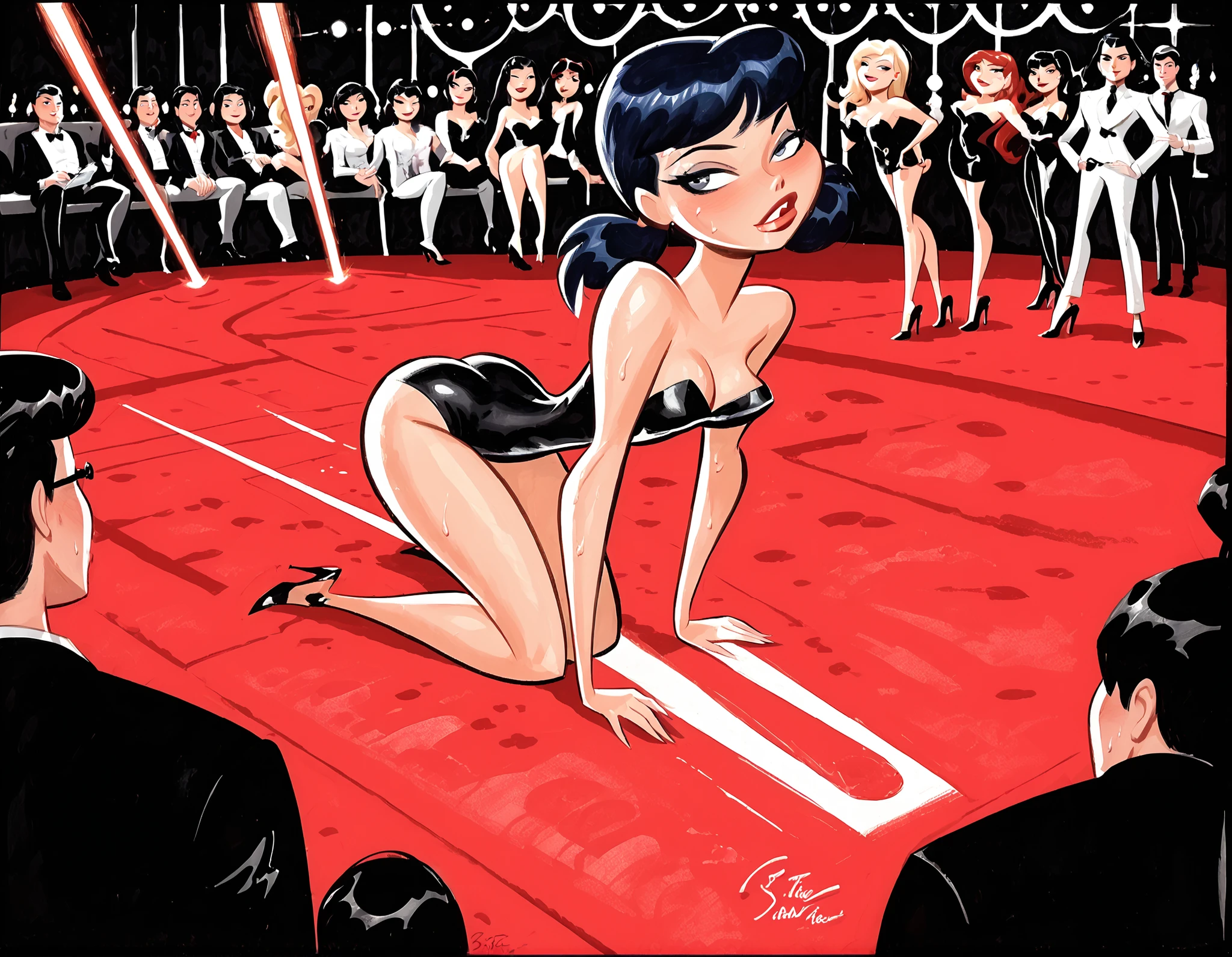 Dark Fantasy Art by score_9, score_8_over, score_7_over, rating_questionable, fantasy, lighting, epiCPhoto 1 girl, very sexy (Marinette, dark blue hair in pigtails 1.1), beautiful waifu, dancing in a dark club with lots of laser lights, wearing a short, sexy, shiny black dress, long legs, cleavage, strappy platform high heels, round and medium ass, (Doggy style, ass: 1.3) solo, flirting, glancing, sexy look, pretty and captivating eyes, head tilt, lots of makeup, modeling shoot, sexy pose, dark and moody night, dark fantasy style, crowd dancing in the background, skin dripping with sweat, seductive look at the camera over her shoulder, twerking, nsfw