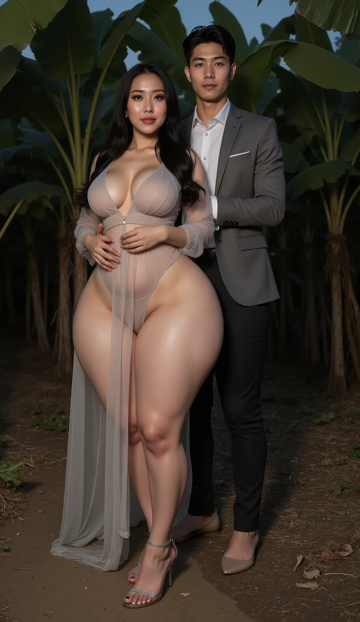An Asian attractive mature woman with a provocative curvaceous body, is 60 years old and has a figure with prominent curves, a plump with perfect proportions curves, generous curves and plus-size, a body with an hourglass figure, her voluptuous wide hips harmonize with slender wasp waist, with wide legs and wide thighs well-shaped, and her butt in good shape, plump and shaped buttocks. She has characteristics typical of her age, slight wrinkles on her face with an elegant vintage style hijabstyle, has beautiful and fine facial features look at camera. She wear a hijab and thin-transparent loose dress(show her body shape under her loose dress) and wears transparent glass heels. She is in a banana forest at night time, she is a bride for her young skinny son 20 years old. her young skinny son in a casual suit and black hair, He is next to her, look her face, he holds her with passion and places his hands close to her buttocks. they was captured is a modern hyperrealistic cinematic style, captured on a full body overview, with hyperrealistic details and good focus quality.