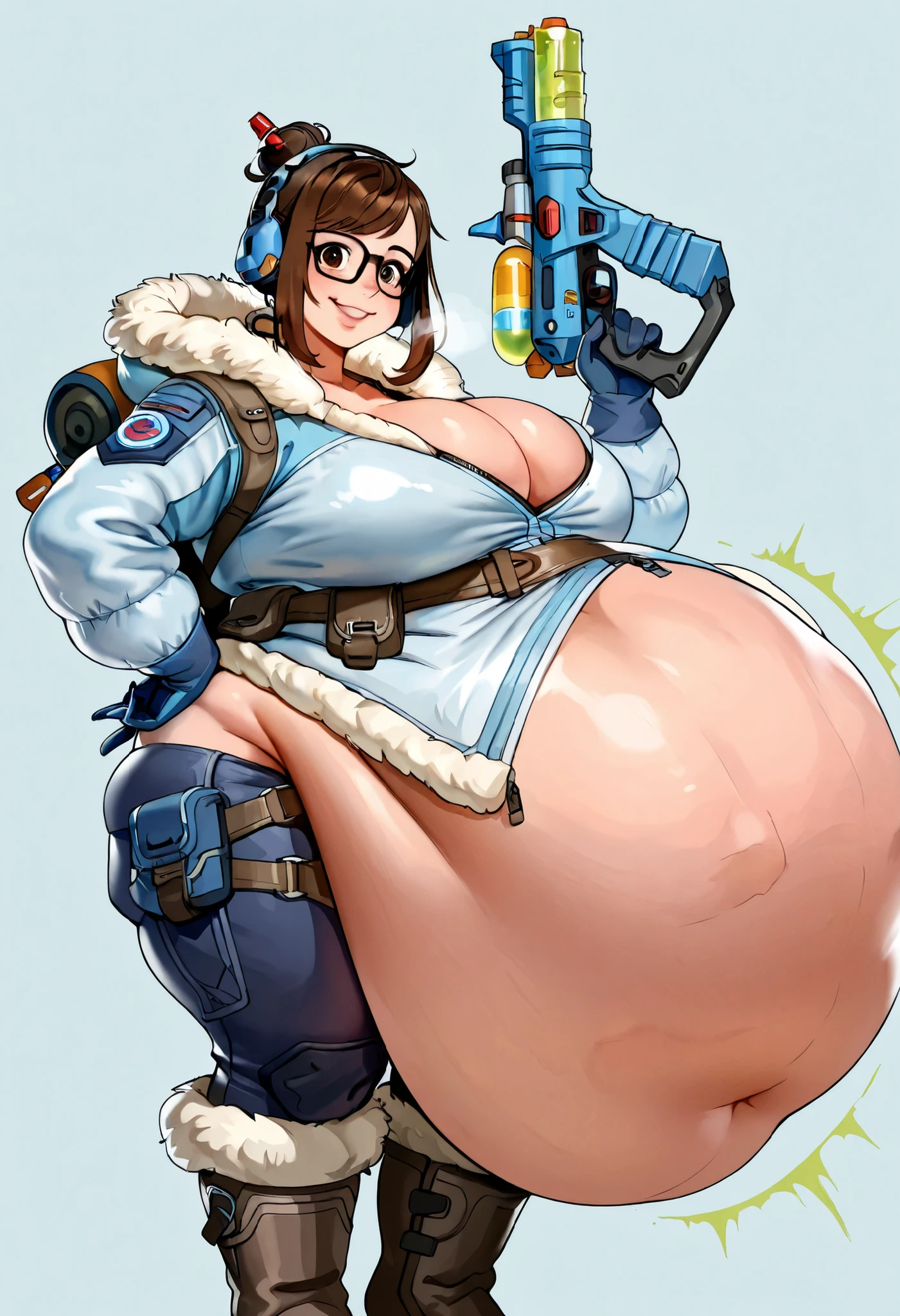 1girl, solo, mei_ow , brown eyes , brown hair , short hair , hair sitck , hair bun , sidelocks , swept bangs , black-framed , fur-trimmed jacket , long sleeves , belt pouch , utility belt , blue gloves , winter clothes , parka , fur trim , fur boots , beads , holding gun , ice gun , half zip, cleavage , (plump , curvy) , thick thighs, simple background,BIGBIG, huge belly , fat belly , vore belly , vore ,<single prey>, ((huge belly)), score_9 , score_8_up , score_7_up, belly exposed, peace sign one hands, one hand on hips, standing, smile, happy, looking at viewer, belly noise,