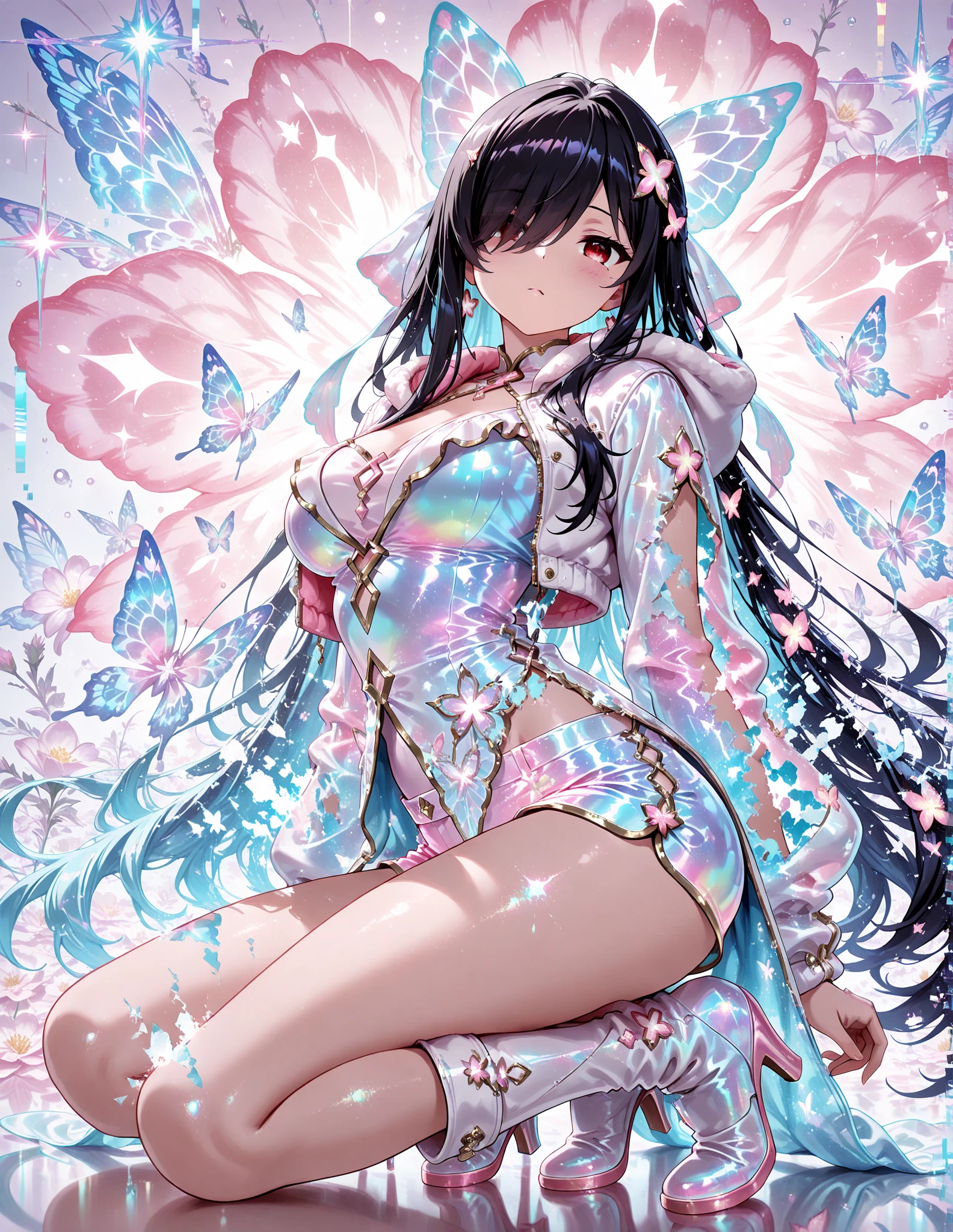 1girl, beautiful detailed eyes, beautiful detailed lips, extremely detailed eyes and face, long eyelashes, small cute nose, black hair in traditional braid, pink lips, slim bright red cheeks, 5'1 inches tall, medium sized thighs, , big , lean , two pink demonic horns, demonic wings, pink aura, short skirt, thigh highs, light see through top, demonic princess crown, body straps, wet ,  on clothes,  on face, , , hyper detailed, high quality, 8k, masterpiece, anime, dark fantasy, dramatic lighting, dramatic colors, cinematic, conceptual art