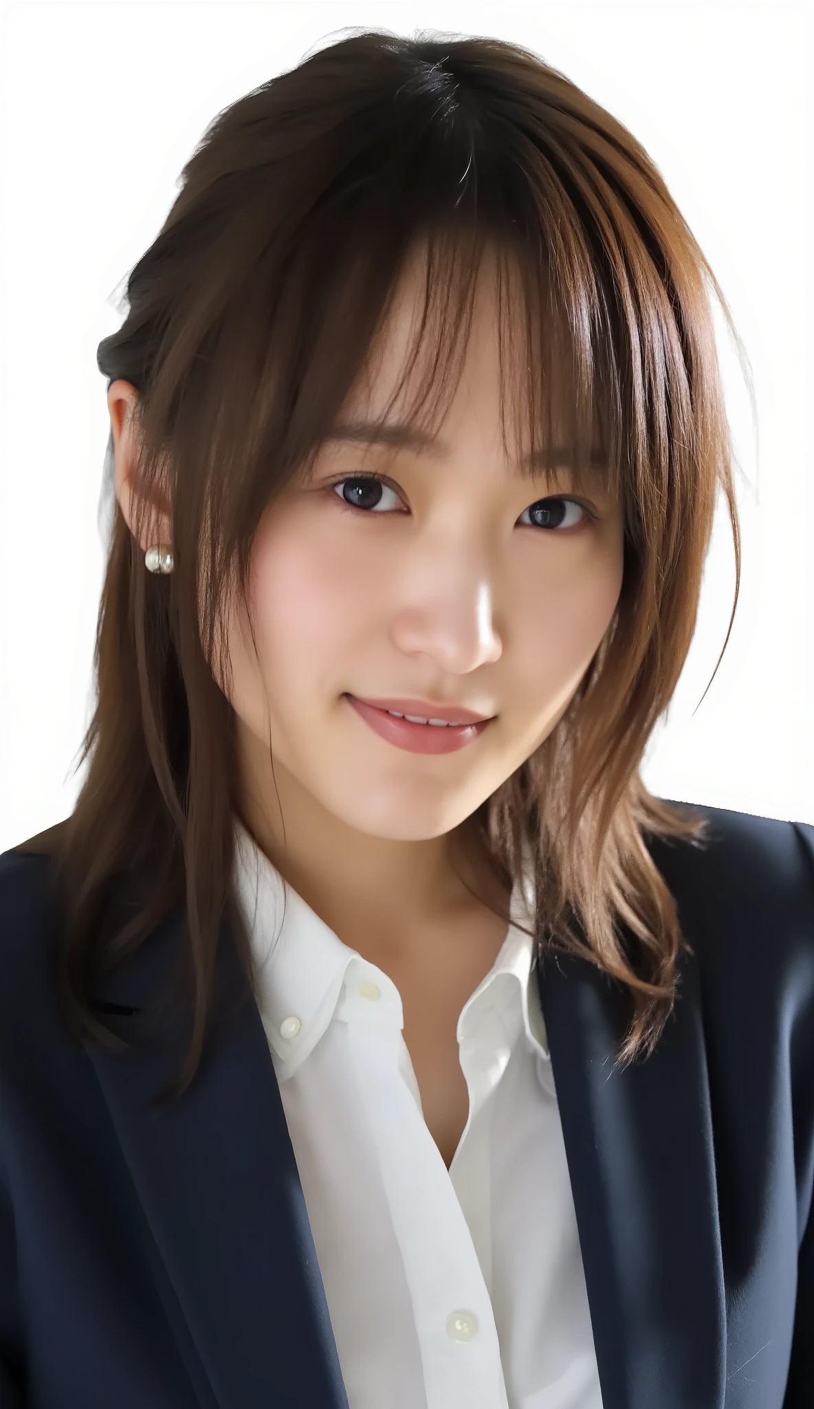 Neat Young Woman、looking at the camera、office lady suit、jacket、shirt、Ear piercings、 、歯を見せた笑顔、満面の笑み、face close-up、The background is office