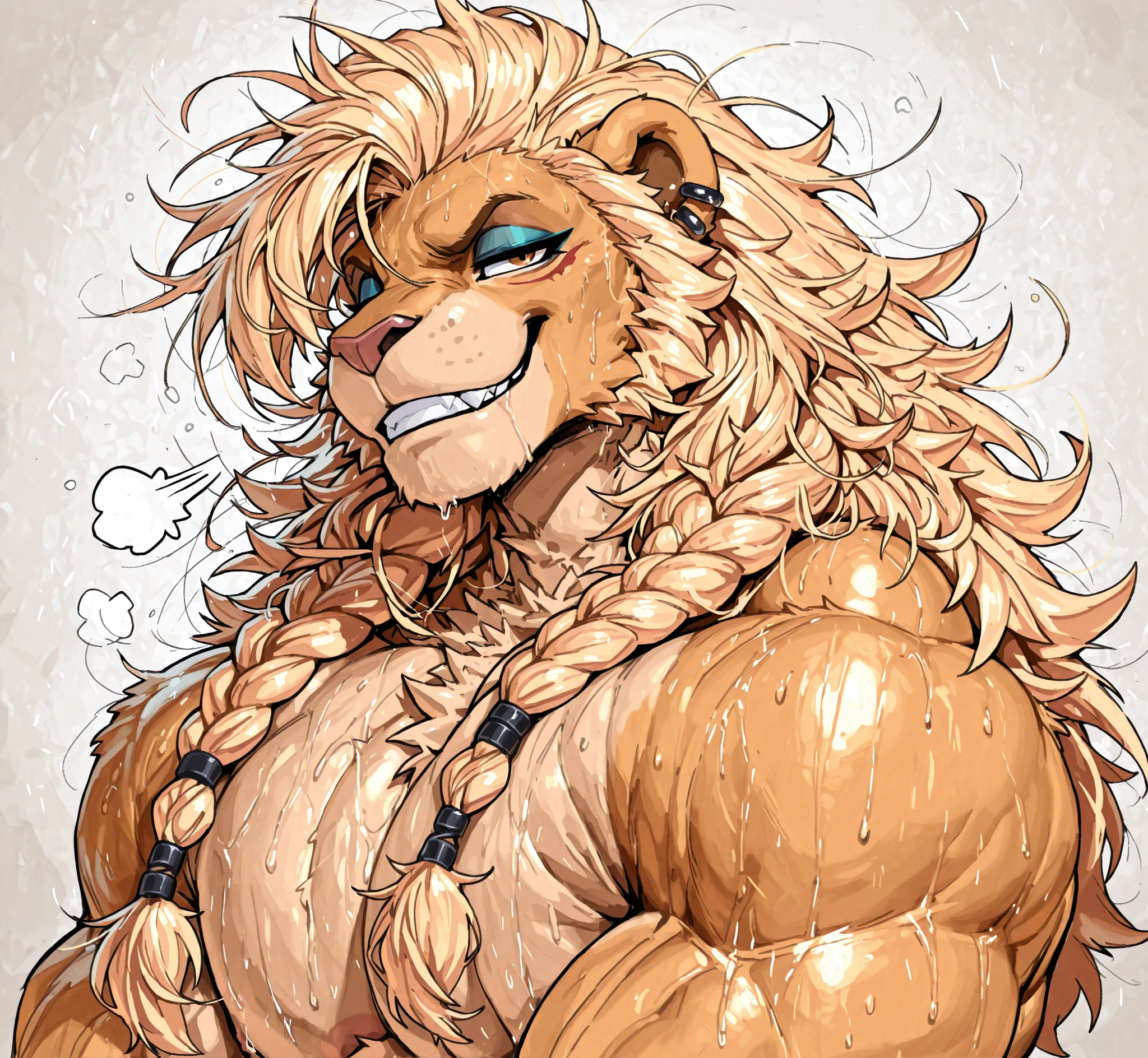 femboy, chr0m@t1cAbe2r@t1on, masterpiece, best quality, anthro lion, blond hair, long hair, messy hair, braided hair, male, (solo male), lean muscular build, headshot, piercings, eyeshadow, eyeliner, smug, sweaty, (smooth body)