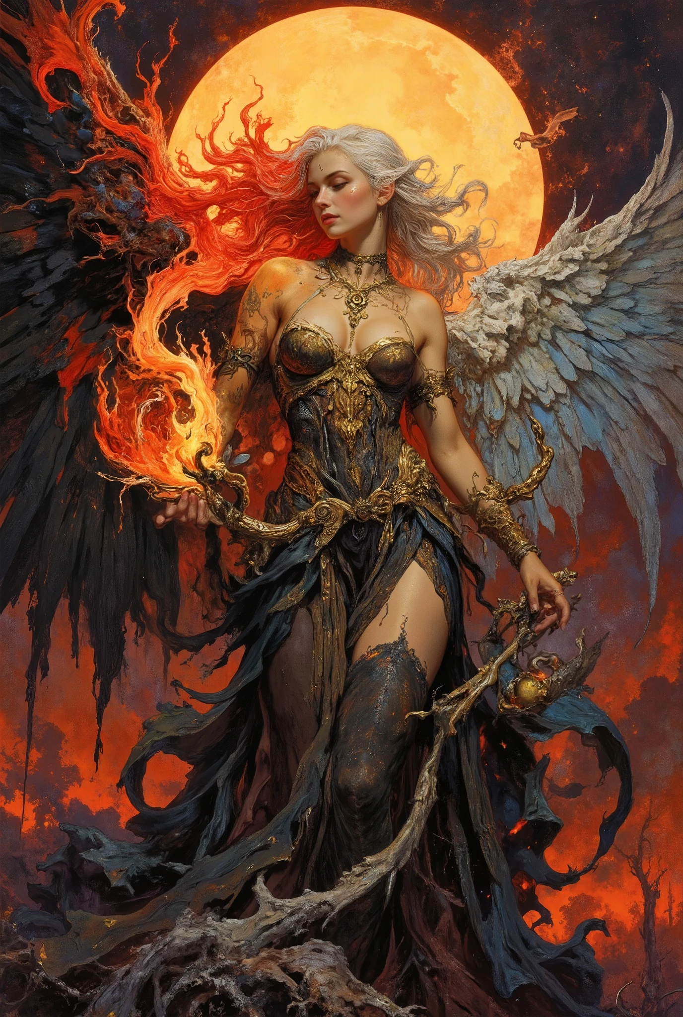 Surreal, otherworldly illustration against a dark elven sunset in the style of Karol Bak. A unique masterpiece. Gil Elvgren's angelic fantasy style, fantasy angelic image ((mid-ground)), red orange fire hair, large natural breasts, full body, graceful, piercing pose, gold jewelry emphasizes the ideal body anatomy, thin waist, incredible concept, luxury, intricate imagery, high detail, bright colors Kim Keever, complexity and volume, beautiful masterpieces, thick full figured body anatomy, perfect hands, embodiment of conceptual mysticism, white, red plastic MINIDEM