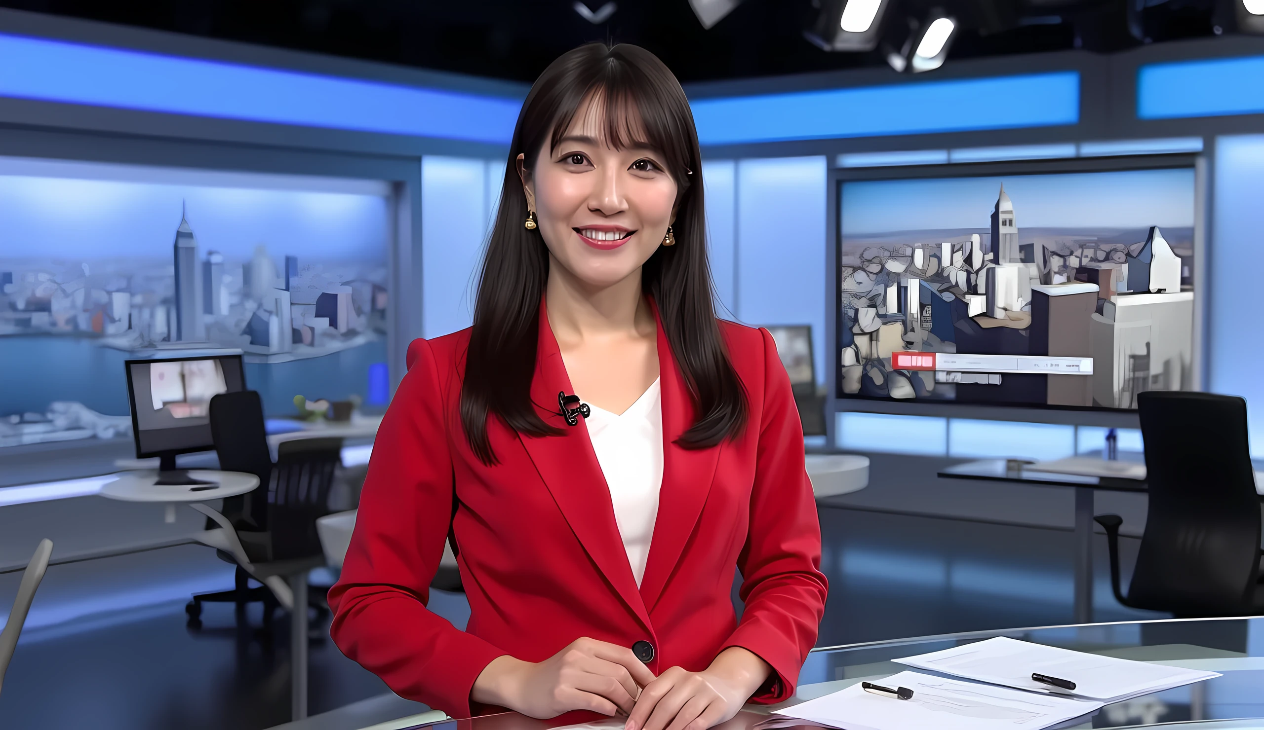 Front view, Full body, left position stand, right big TV monitor in foreign NEWs, talking news, female New news anchor, 1 beautiful Japanese women ,30-age, (black straight middle hair, fringe, gold earring ,smile) ,(D cup breasts, middle hip), (White elegant blouse, red one button Jacket), (red middle skirt, black pantie stocking, black leather long boots) , News Studio, in News room, NHK studio, desk , chair, paper on desk, back big monitor, (super detailed, High Details , High Quality , Accurate, anatomically correct , textured skin, beautiful fingers super detailed, High Details , High Quality , High Quality )