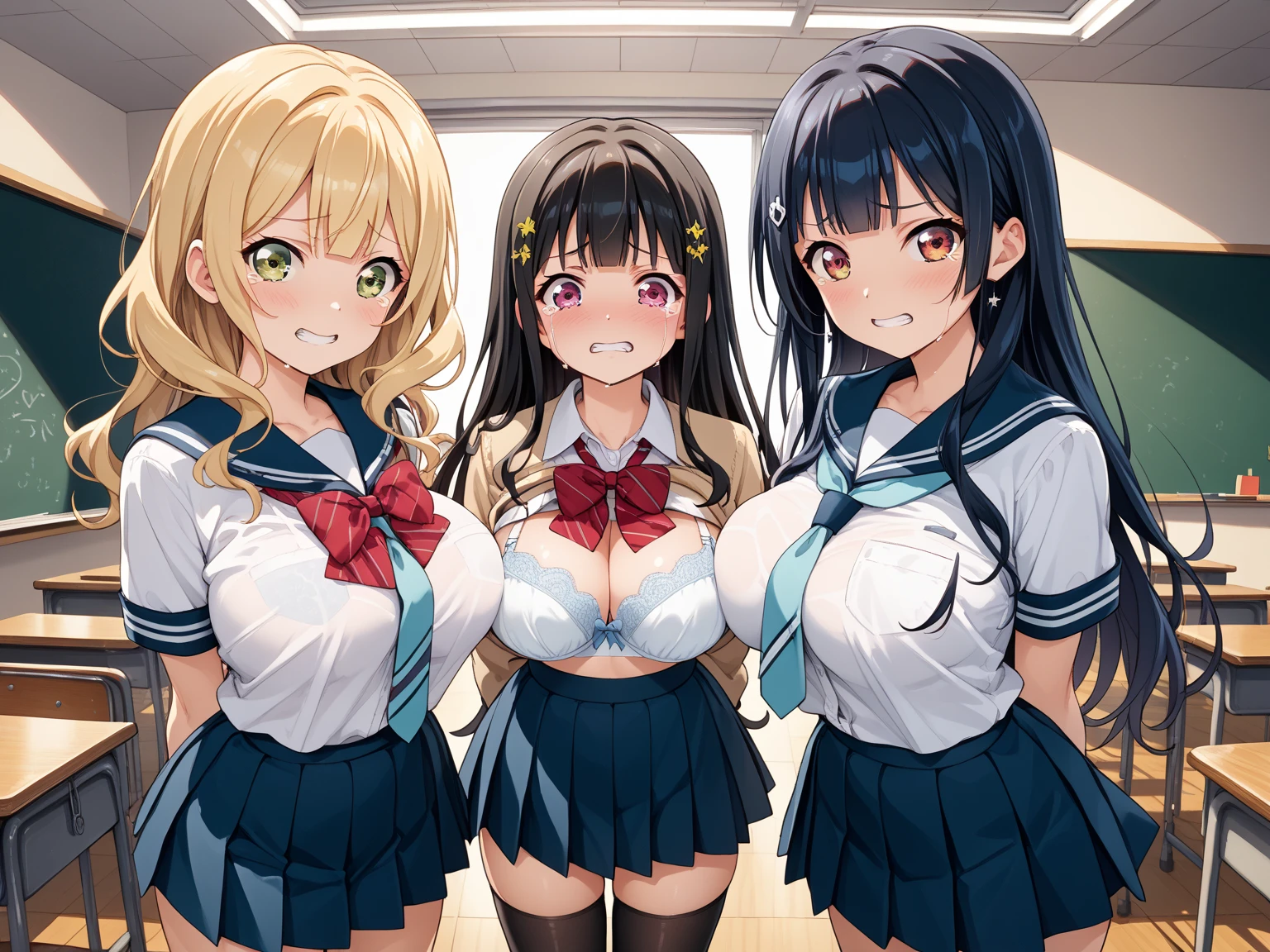 Anime Moe Art Style,Highest quality,High resolution,Anatomically correct,Multiple Girls,Mid-teens,color々Hair style,Super detailed,Big Breasts,Shiny skin,Beautiful Skin,A rich expression,Bright smile,high school girl,Gal-style girl,Nipples are visible,classroom,blazer,mini skirt,Showing off her removed bra,sexy,Eyes drawn in detail,8k