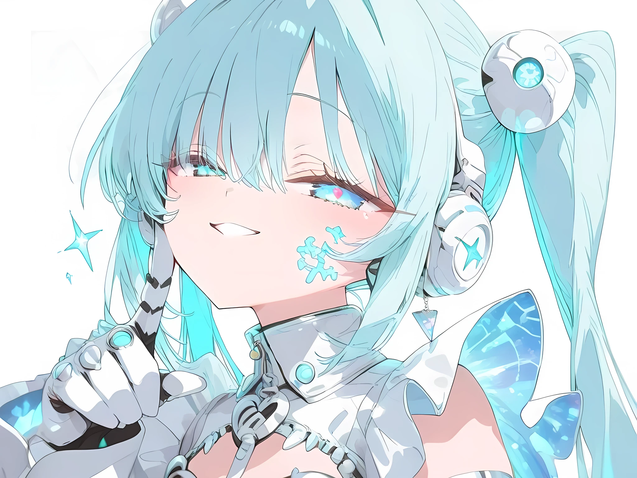 Cute young Anime girl with long straight, Soft grow light-blue hair color, grow blue eyes color with white sparking, Wearing long oversized white cyber fantacy clothes with neon mark, cyber accessories, calm and playful face, a bit smile face, half-body scale picture, sun rise tone picture