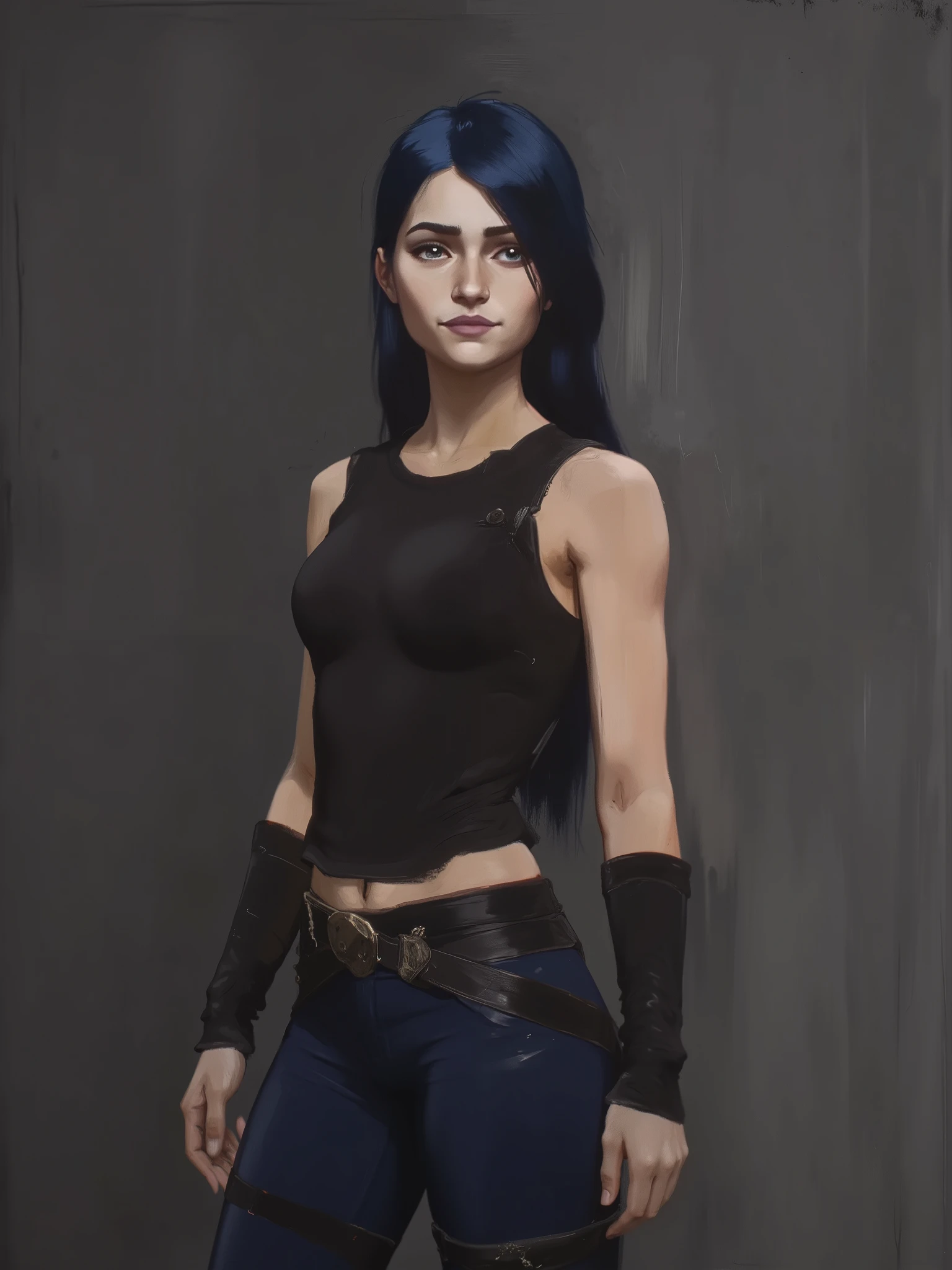 sketch painting, marinette Dopanchan, arc4n3style, A very beautiful and cute 22 year old woman with a slight smile. (((Shy smile))), sharp focus on the face, (((Western eyes:1.5))), (((Extremely detailed ice-blue eyes, beautiful eyes, beautifully detailed eyes))), (((delicately detailed thin pink lips))), (((long hair, shiny hair))), (((black medieval steampunk style sleeveless t-shirt))), (((Dark Blue medieval steampunk style leather warrior pants))), (((full body view, dynamic pose, standing:1.5, graceful pose))), (((The background is Dark Gray and painted with expressive, visible textures using dynamic brushstrokes and strokes that add depth and movement. The paint covers only the area just behind the subject. The outer edges of the image with black margins, as if the background had been painted with a brush and with expressive and visible textures using dynamic brushstrokes and strokes fading toward the edges creating a modern and artistic vignette effect))). Cinematic lighting, soft depth of field, (((masterpiece/high resolution/Best Quality/top quality/high quality/UHD/16k quality))), sharp focus, no blur, film grain, bokeh.