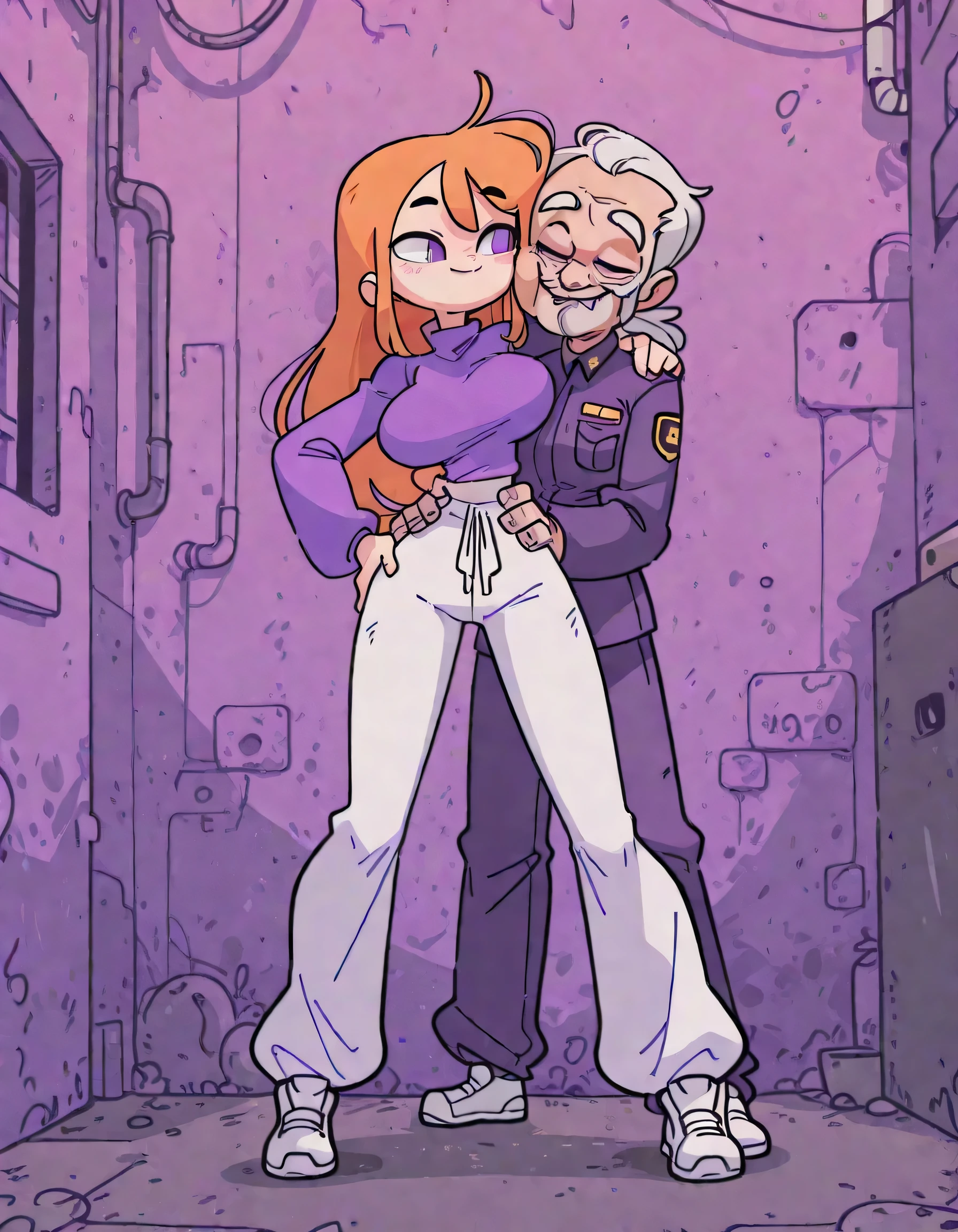 high quality, best quality, score_9, ishikawa_hideki, bacun , 1girl , solo , long hair , side apart (left) , orange hair , smile , purple eyes, purple turtleneck long-sleeve shirt , white long pants (loosely pants) , huge breast , hand on hip , thighs , shooting stance , long legs , white sneakers , casual stance , 1 man , old man , security guards uniform , grabbing her waist , face to face , alley background , full body