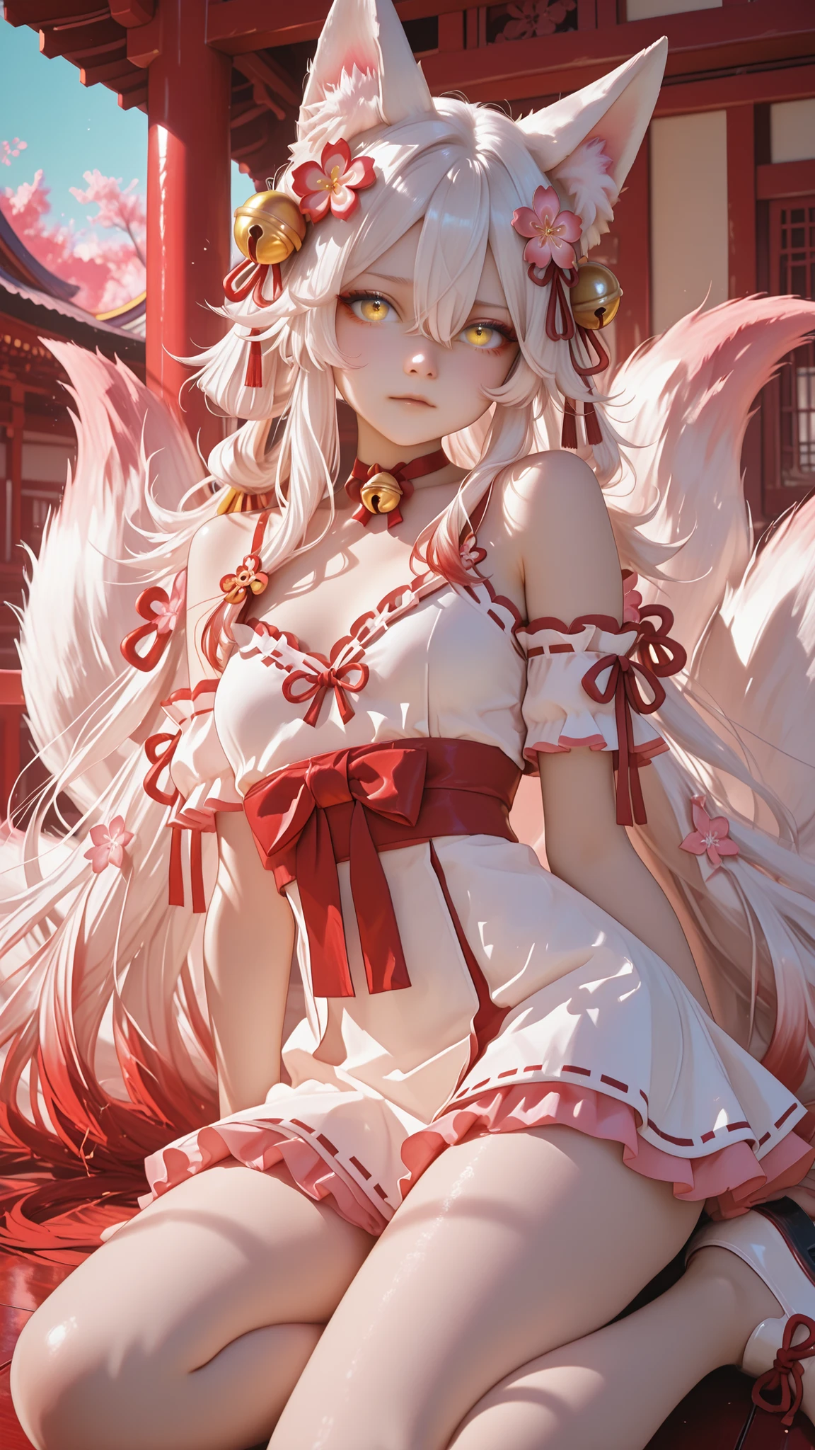 masterpiece, Highest Quality, Newest, absurd, high resolution, Hype4realistic,Detailed Art Style, KIT SUNNY STAR VTXL, fox ears, animal ear fluff, YELLOW EYES, silver hair, long hair, side lock, hair between eyes, Red hair ornament, hair flower, hair bell, RED CHOKER BELL , small breasts, foxtail, Multi Tail, shoulder out, Disconnect, White Kudress, Red Ribbons, White Mini Skirt, frills, pink thighs, shoes,In the temples of Japan, expressive brush strokes,Brilliant Colors,