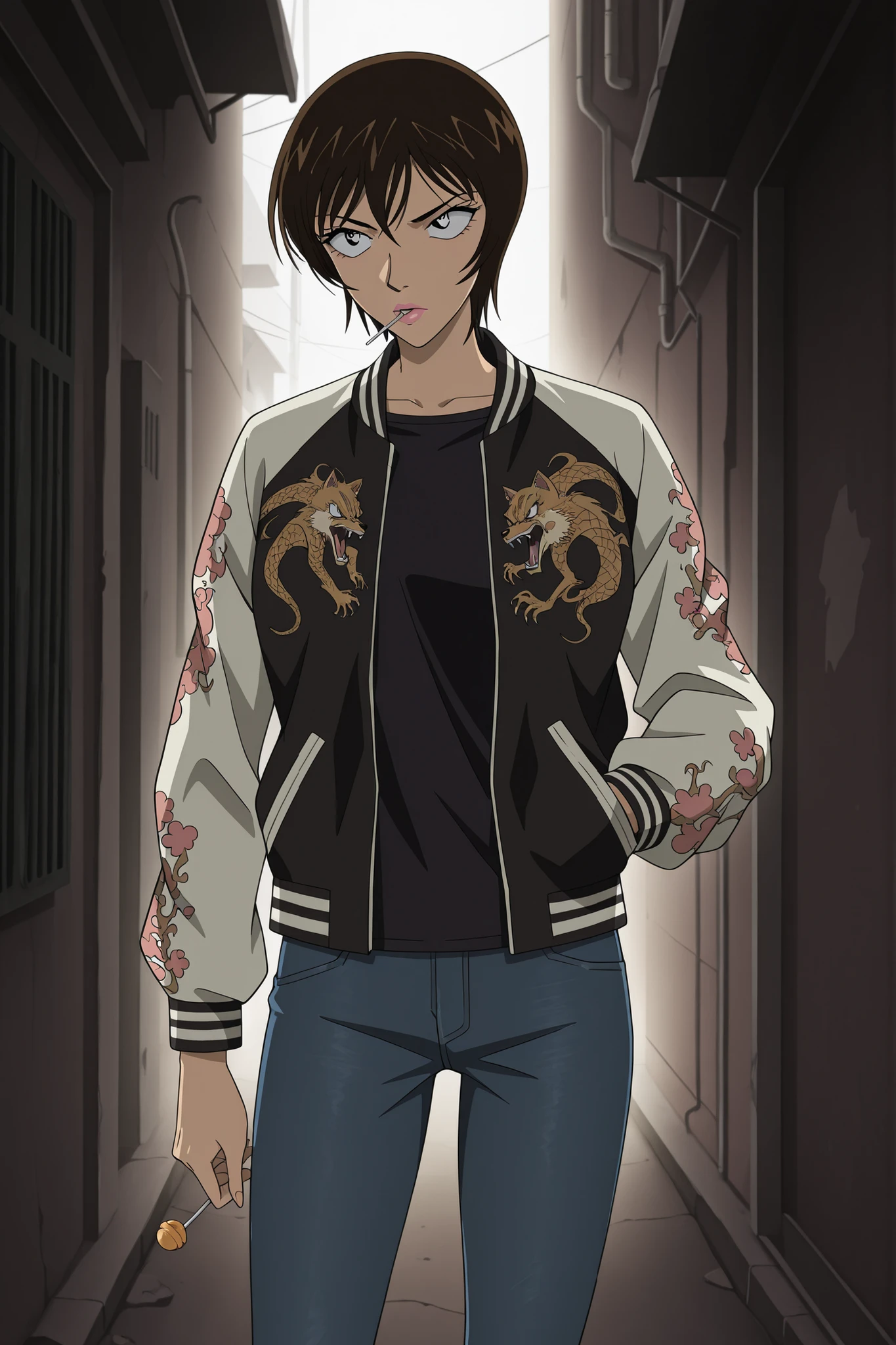 masterpiece,best quality,amazing quality,general, 1girl, Miwako Sato, Brown hair, Blur eyes, Short hair,pink lips, eyelashes, anime coloring, jeans, sukajan,lollipop,delinquent,alley,