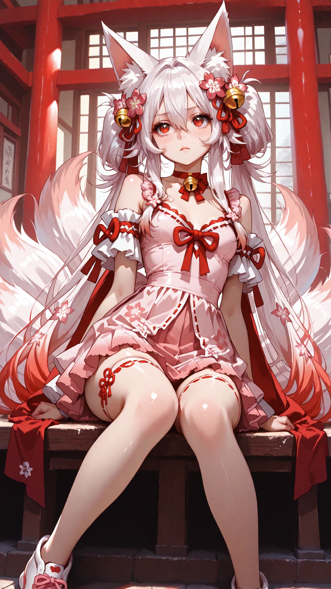 masterpiece, Highest Quality, Newest, absurd, high resolution, Hype4realistic,Detailed Art Style, KIT SUNNY STAR VTXL, fox ears, animal ear fluff, red eyes, silver hair, long hair, side lock, hair between eyes, Red hair ornament, hair flower, hair bell, RED CHOKER BELL , small breasts, foxtail, Multi Tail, shoulder out, Disconnect, Light Pink Dress, Red Ribbons, Light Pink Miniskirt, frills, pink thighs, shoes,In the temples of Japan, expressive brush strokes,Brilliant Colors,