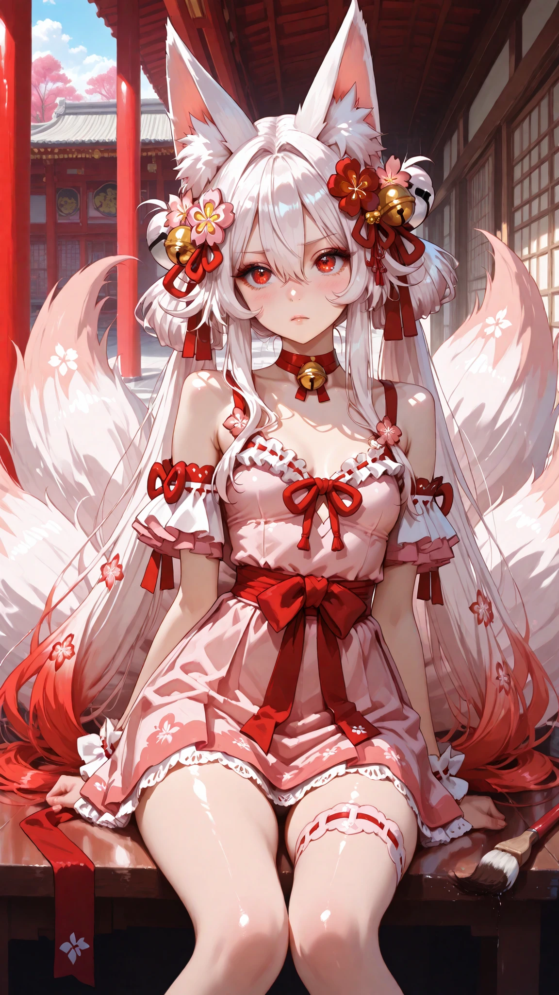 masterpiece, Highest Quality, Newest, absurd, high resolution, Hype4realistic,Detailed Art Style, KIT SUNNY STAR VTXL, fox ears, animal ear fluff, red eyes, silver hair, long hair, side lock, hair between eyes, Red hair ornament, hair flower, hair bell, RED CHOKER BELL , small breasts, foxtail, Multi Tail, shoulder out, Disconnect, Light Pink Dress, Red Ribbons, Light Pink Miniskirt, frills, pink thighs, shoes,In the temples of Japan, expressive brush strokes,Brilliant Colors,