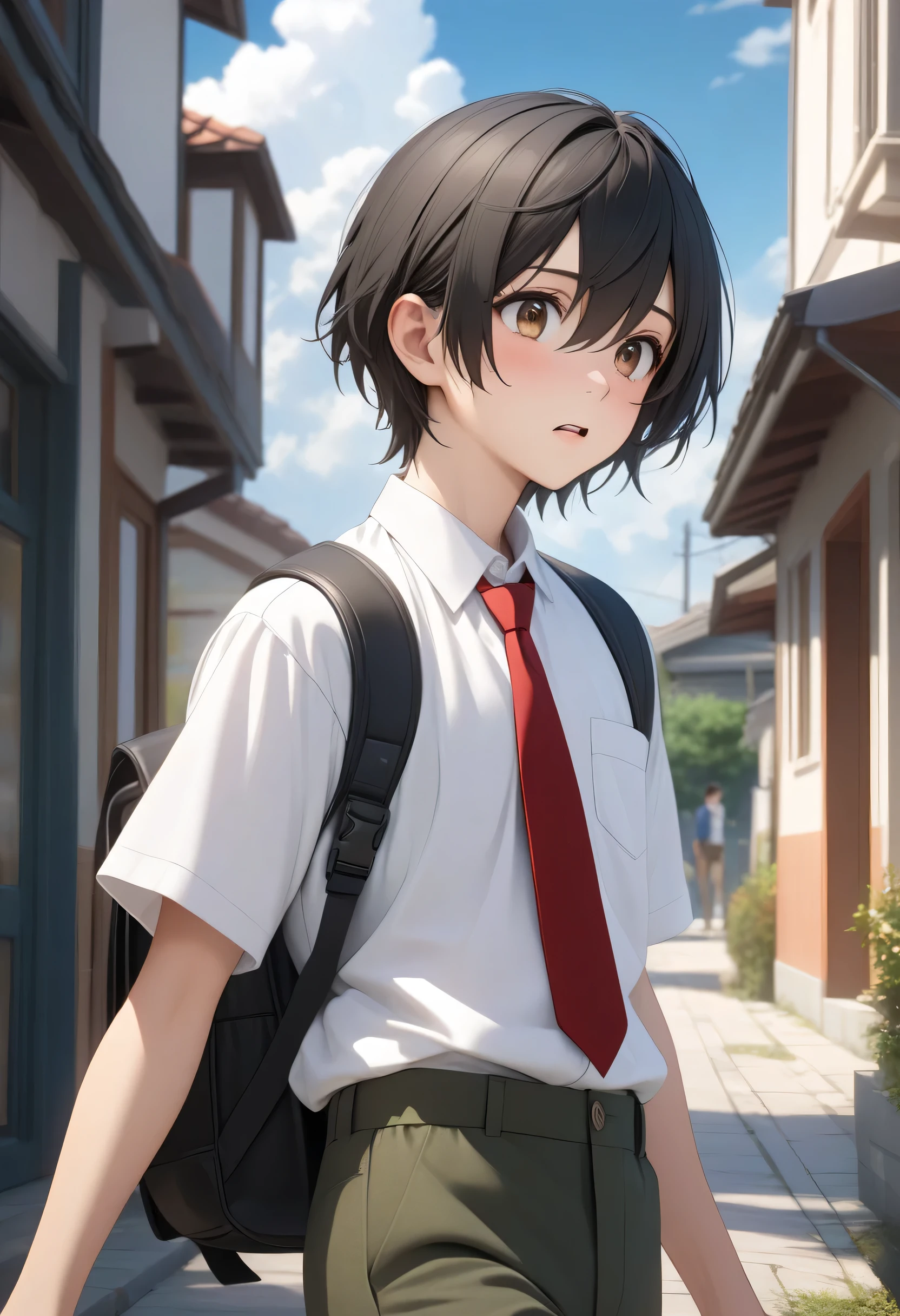 masterpiece, best quality, high resolution, UHD, perfect pixels, depth of field, 4k, RTX, hdr)), boy only sixteen years old, slim body, short height, short but bulging and straight hair that covers his ears ,black hair, (thoughtful and surprised expression,), (brown eyes, fringe to the side , (SOFT TEXTURE: 0.75), clumsy look,(SOFT TEXTURE: 0.6, realistic texture: 0.5, photorealistic: 1.1, anime cg style), (dynamic angle, close up, looking at the spectator), walking and looking at the spectator, (white school shirt, red tie and military green pants, he wears a high school backpack on his back), walks on the sidewalk of a residential street and in the background you can see the blue sky and clouds