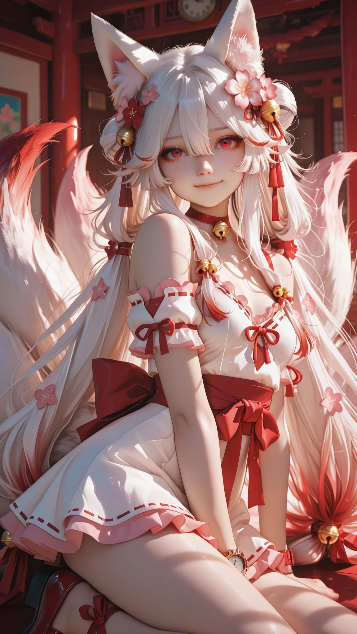 masterpiece, Highest Quality, Newest, absurd, high resolution, Hype4realistic,Detailed Art Style, KIT SUNNY STAR VTXL, fox ears, animal ear fluff, red eyes, silver hair, long hair, side lock, hair between eyes, Red hair ornament, hair flower, hair bell, RED CHOKER BELL , small breasts, foxtail, Multi Tail, shoulder out, watch viewers,Gentle smile, white dress, Red Ribbons, White Mini Skirt, frills, pink thighs, shoes,In the temples of Japan, expressive brush strokes,Brilliant Colors,