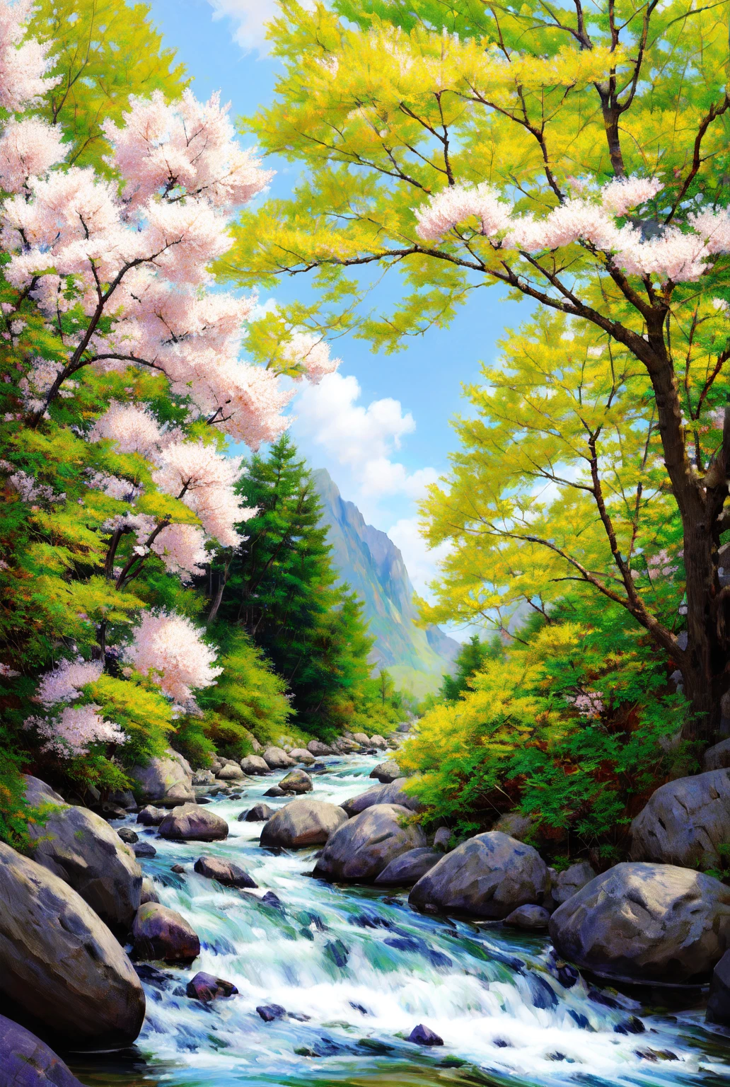 oil painting, Cherry blossoms, Sky (blue), Flowers (pink), Natural scenery, Fresh and clean, Cherry blossom tree, Springtime, Beautiful landscape, Sunlight, Warm atmosphere