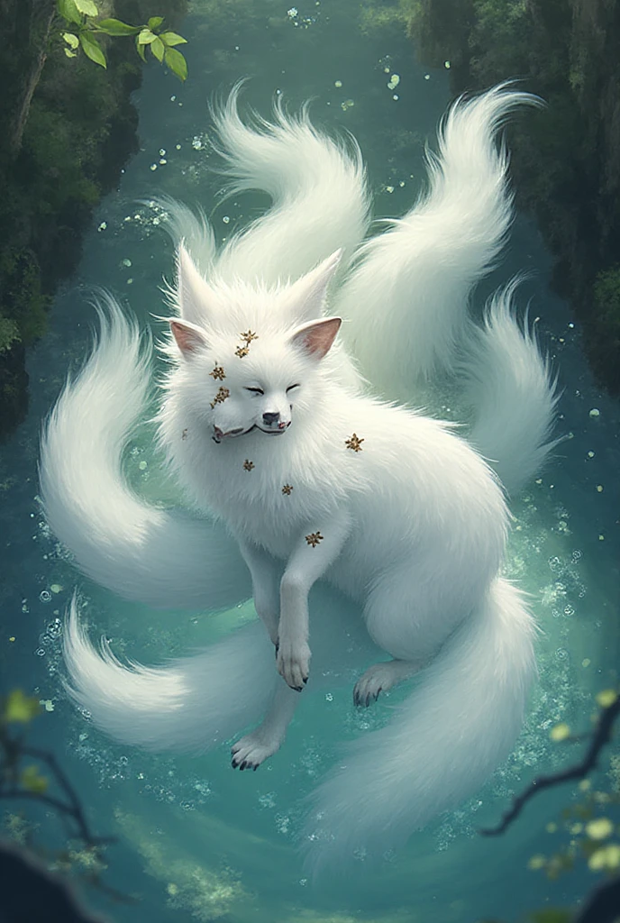 Background is the moon, painting of a fox with white hair sitting on a branch, ethereal fox, nine-tailed fox, fox three-tailed fox, Onmyoji detailed art, nine tails, beautiful artwork illustration, mythical creatures, foxes, super fine details, beautiful digital artwork, exquisite digital illustration, mizutsune, inspired by mythical creature wildnet, digital art on pixiv, bright light, high contrast, horror movie theme, dark atmosphere