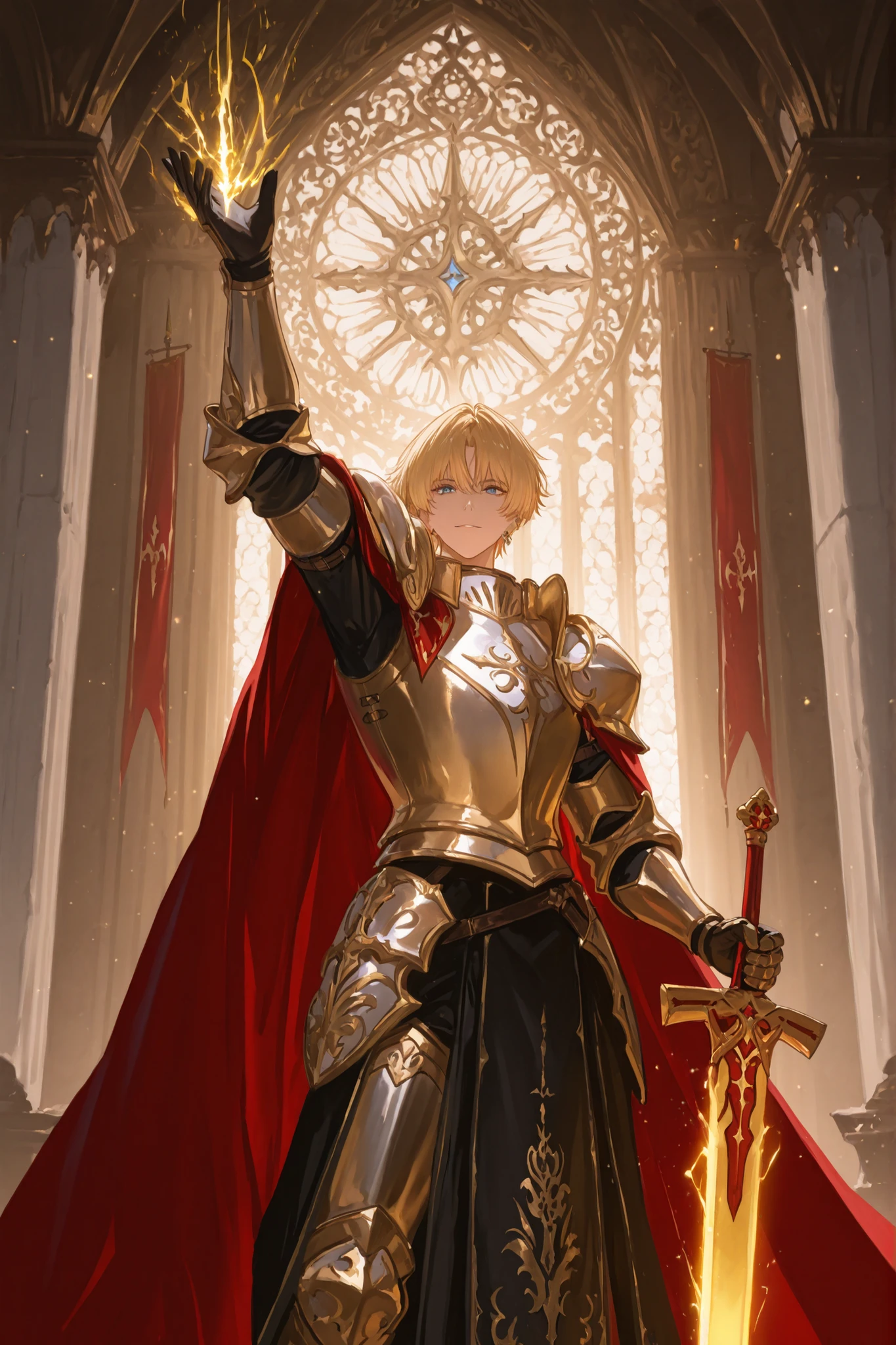 Handsome young male knight with short golden-blonde hair and piercing blue eyes, wearing ornate silver and golden armor with intricate engravings and a flowing royal red cape. He holds a radiant golden sword that shines with divine energy, its glow illuminating the scene. His stance is confident and noble, exuding a calm yet commanding presence. The setting is at the walls of a castle, banners waving faintly at nightwatch. Highly detailed fantasy anime style, dynamic lighting, sharp focus, cinematic composition, majestic atmosphere.