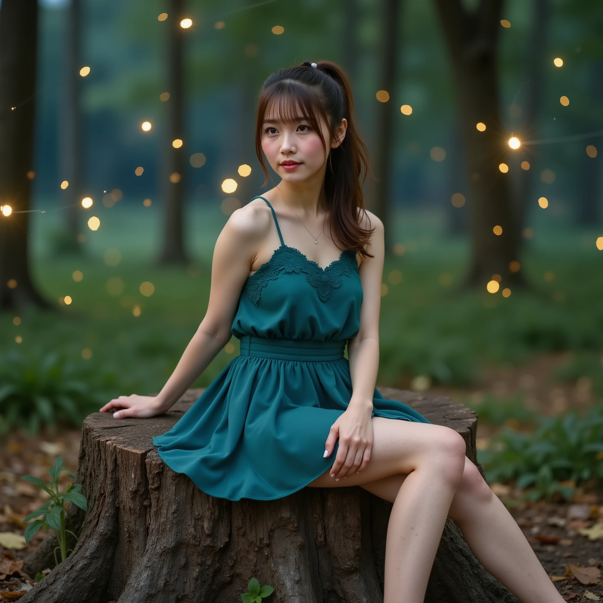 elegant and beautiful portrait of a top Japanese idol、Blue dress with mini skirt:1.5、((There are lots of brightly glowing fireflies sitting on a large stump in the woods)), BREAK,　Highest Quality, Super Fine, very detailed, (Photoreality with RAW photos: 1.10), ((super clear focus Japanese top idol beauty)), Photographically Clear , Super Detailedな大きな目, Ultra Clear Focus, standing with slightly open legs、 she is in harmony with nature , beautiful skin, mermaid mini dress made of thin emerald green fabric, Brown hair in a ponytail、elegant flowing mini dress、Super Detailed、Surrealistic、She has movie lights、Very Delicate and Beautiful、Fine Details, Fireflies are flying