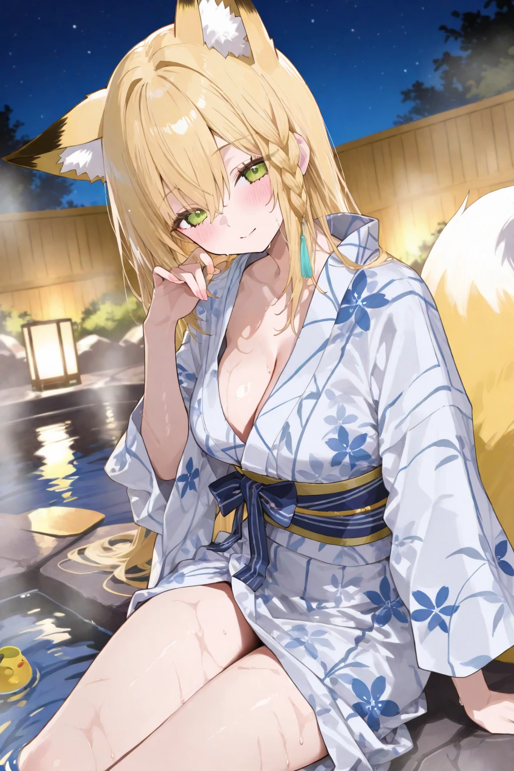 (masterpiece,best quality,very aesthetic,ultra-detailed),(illustration,official art),nsfw,solo,BREAK,1girl,30yo,curvy,large breasts,tall,stout build,bewitching,(blonde fox ears),(a fox tail),(blonde hair,short hair,messy hair),disheveled hair,(brown foxy eyes),half closed eyes,beautiful face,comfortable,calming,(smirk:0.7),Fantastic atmosphere,evening,Night sky,Fireflies glowed and flew along a riverbank in Japan, depicting the trajectory of their flight,(flower print dark green loose kimono,pelvic curtain),(scar on breasts,scar on cheek:1.2),standing,hand on cheek,looking away,BREAK,forest,river beach,aerial shot,from above