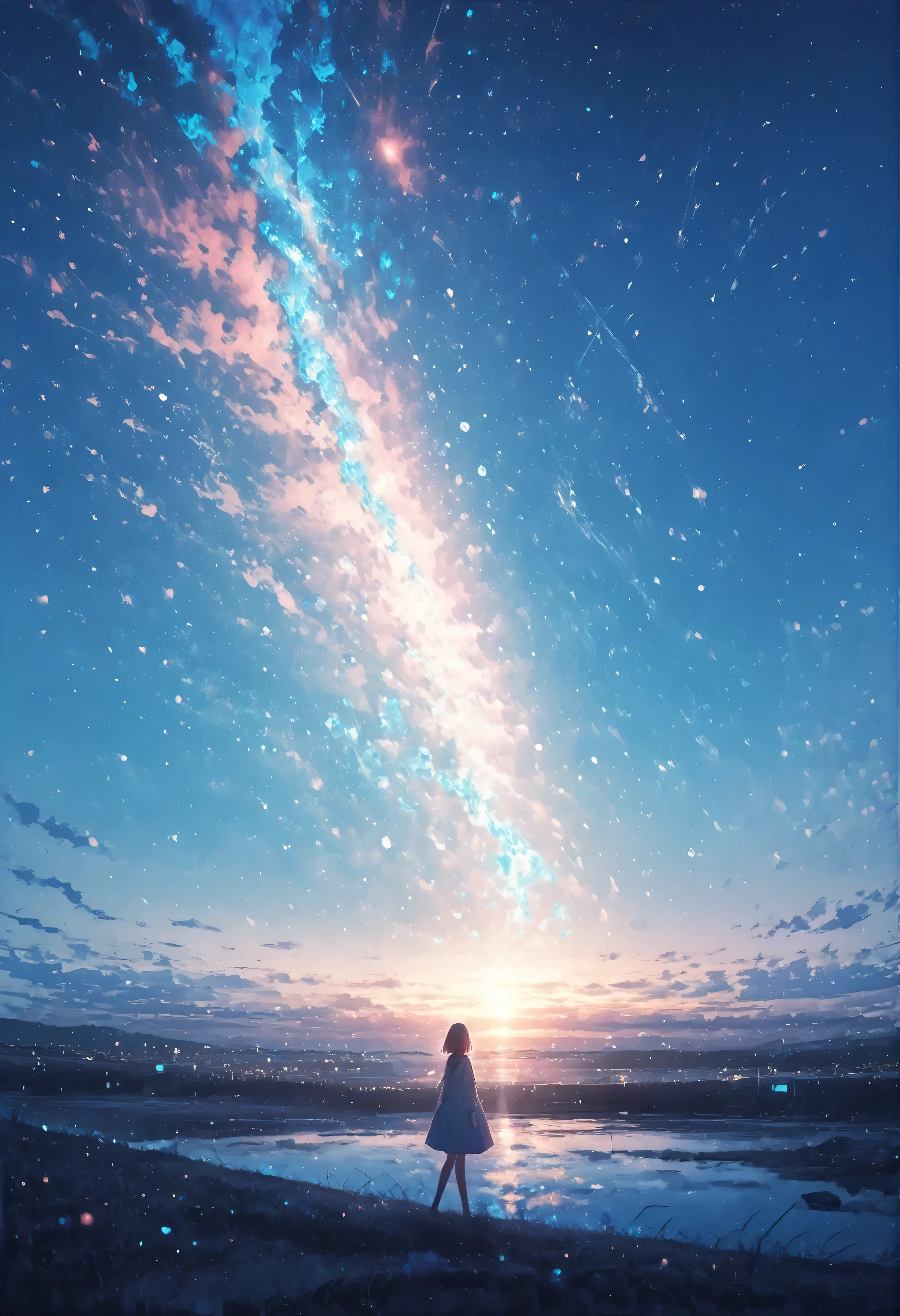 a woman is walking on bridge. ultra wide shot, morning lake, She is watching a sunlight, tiny light under Blue sly ,at dawn, sunrise in the early morning . Serene and ethenal atmosphere. thick outline, rough stroke, glowing geometric shapes,holographic particles,cyber-fantasy atmosphere, soft color, vibrant, casting pastel reflections, innocence, digital wonder ,futuristic fantasy,,,