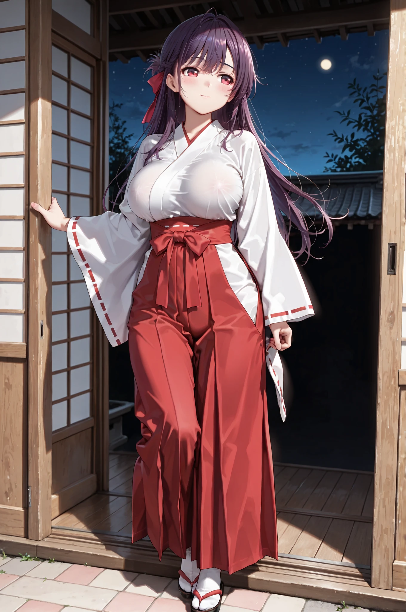 (cute:1.3),(round face:1.2),(Natsuha shonomiya,dark purple hair, ruby eyes, long_hair, Half-up, ),score_9, score_8_up, score_7_up, 8k, high quality, best quality, high quality detailed, rating_explicit,(very aesthetic),( high detailed eyes:1.2), perfect anatomy, (very beautiful eyes:1.2), masterpiece,(full body:1.3),standing,miko, red hakama, miko_dress, night,,(big breasts,curvy)