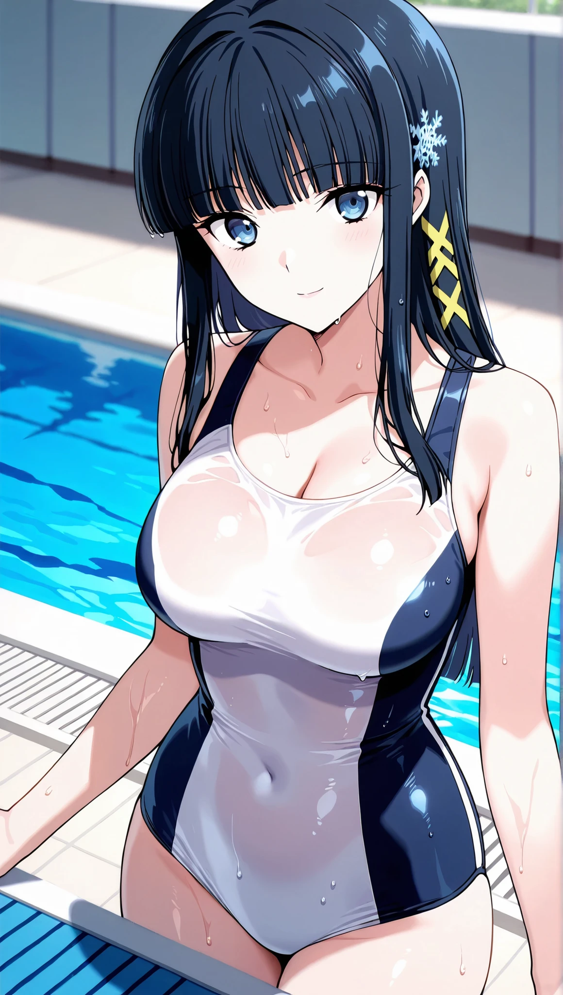 [[miyuki250219]],1lady, beauty, glossy lips,Rouge,detail eyes,dynamic angle,(poolside:1.3),anime,

shiba miyuki, black hair,long hair, blunt bangs, eyebrows visible through hair, blue eyes, snowflake hair ornament, (yellow x hair ornament:1.3),school swim suit, , ,(large breasts:0.8),light smile,

,cowboy shot,Archerjeanne2nd,one-piece swimsuit,wet,

 score_9, score_8_up , score_7_up , score_6_up , score_5_up , score_4_up ,Clip skip :2,(masterpiece:1.3), (extremely detailed CG unity 8k wallpaper),top quality , amazing quality, high resolution, Absurd, very aesthetic, high resolution, (ultra detail), perfect detail,(extremely detailed CG,masterpiece, highres icon,absurdres,4K),
