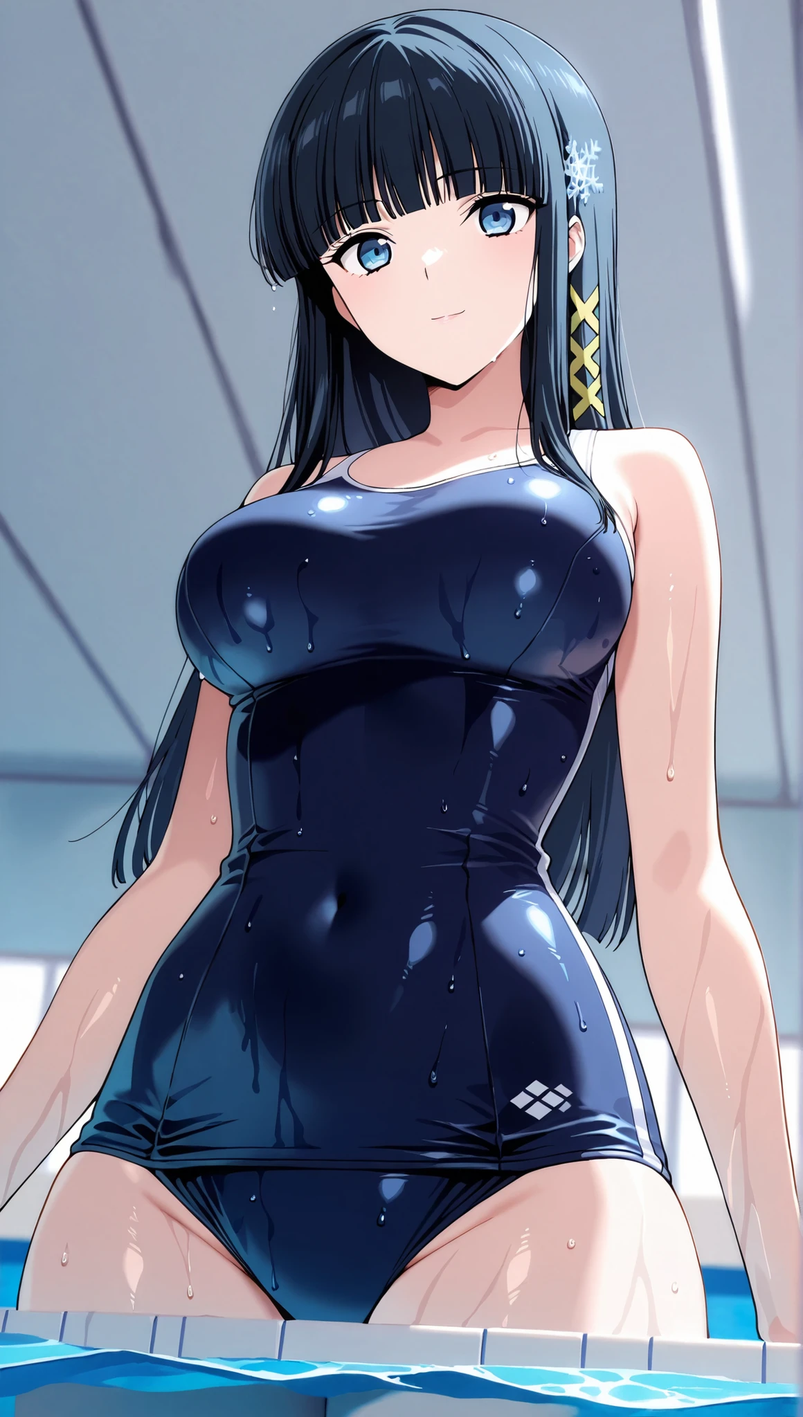 [[miyuki250219]],1lady, beauty, glossy lips,Rouge,detail eyes,dynamic angle,from below,(poolside:1.3),anime,

shiba miyuki, black hair,long hair, blunt bangs, eyebrows visible through hair, blue eyes, snowflake hair ornament, (yellow x hair ornament:1.3),school swim suit, , ,(large breasts:0.8),light smile,

,cowboy shot,Archerjeanne2nd,one-piece swimsuit,wet,

 score_9, score_8_up , score_7_up , score_6_up , score_5_up , score_4_up ,Clip skip :2,(masterpiece:1.3), (extremely detailed CG unity 8k wallpaper),top quality , amazing quality, high resolution, Absurd, very aesthetic, high resolution, (ultra detail), perfect detail,(extremely detailed CG,masterpiece, highres icon,absurdres,4K),
