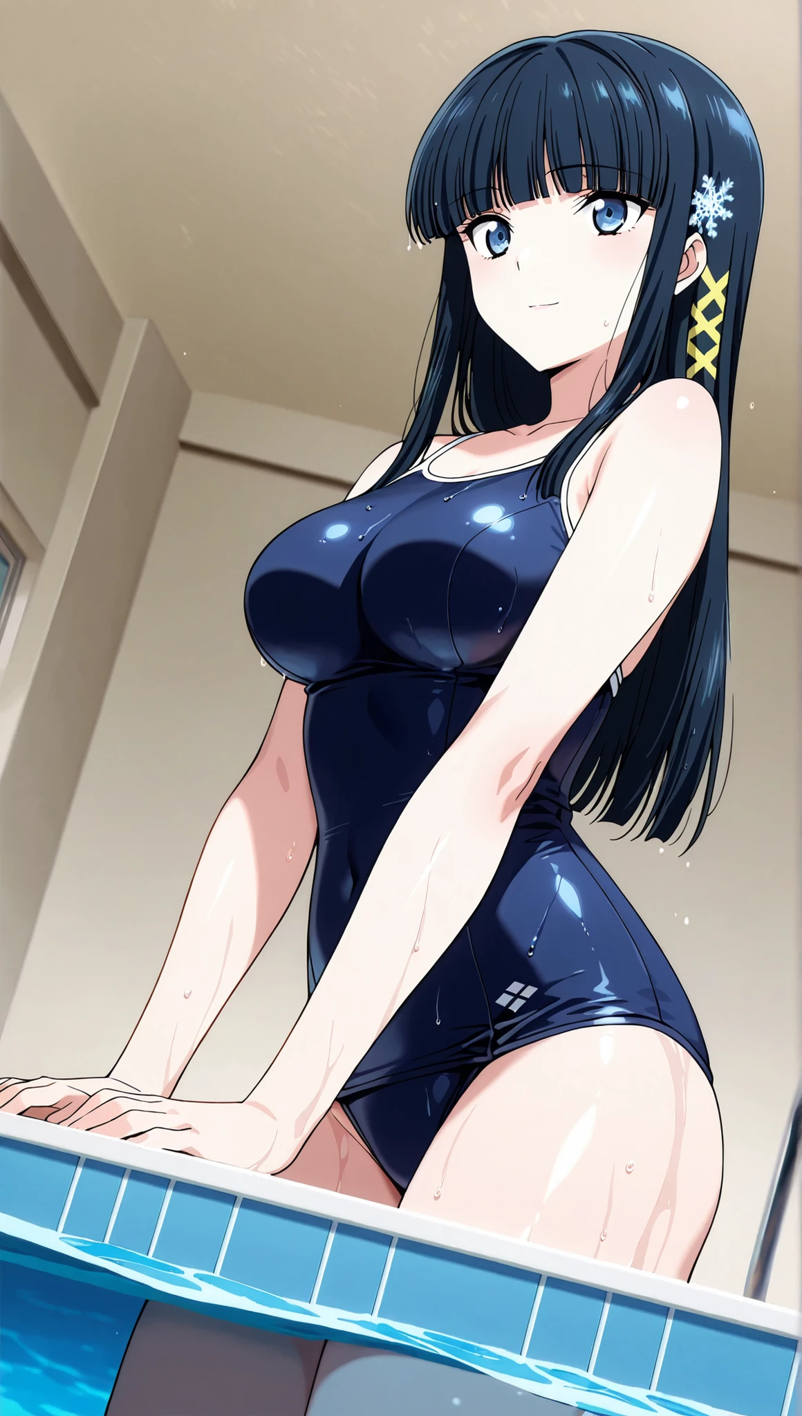 [[miyuki250219]],1lady, beauty, glossy lips,Rouge,detail eyes,dynamic angle,from below,(poolside:1.3),anime,

shiba miyuki, black hair,long hair, blunt bangs, eyebrows visible through hair, blue eyes, snowflake hair ornament, (yellow x hair ornament:1.3),school swim suit, , ,(large breasts:0.8),light smile,

,cowboy shot,Archerjeanne2nd,one-piece swimsuit,wet,

 score_9, score_8_up , score_7_up , score_6_up , score_5_up , score_4_up ,Clip skip :2,(masterpiece:1.3), (extremely detailed CG unity 8k wallpaper),top quality , amazing quality, high resolution, Absurd, very aesthetic, high resolution, (ultra detail), perfect detail,(extremely detailed CG,masterpiece, highres icon,absurdres,4K),
