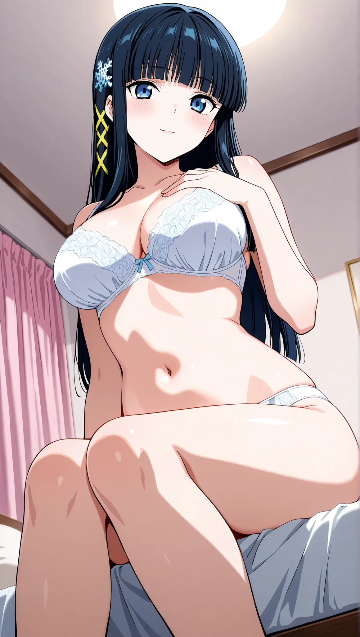 [[miyuki250219]],1lady, beauty, glossy lips,Rouge,detail eyes,dynamic angle,(bedroom:1.3),(anime),blush,looking for viewer,from below,

shiba miyuki, black hair,long hair, blunt bangs, eyebrows visible through hair, blue eyes, snowflake hair ornament, yellow x hair ornament,white bra,white underwear,,(large breasts:0.8),light smile,

cowboy shot,on bed ,sitting,hand on chest,

 score_9, score_8_up , score_7_up , score_6_up , score_5_up , score_4_up ,Clip skip :2,(masterpiece:1.3), (extremely detailed CG unity 8k wallpaper),top quality , amazing quality, high resolution, Absurd, very aesthetic, high resolution, (ultra detail), perfect detail,(extremely detailed CG,masterpiece, highres icon,absurdres,4K),
