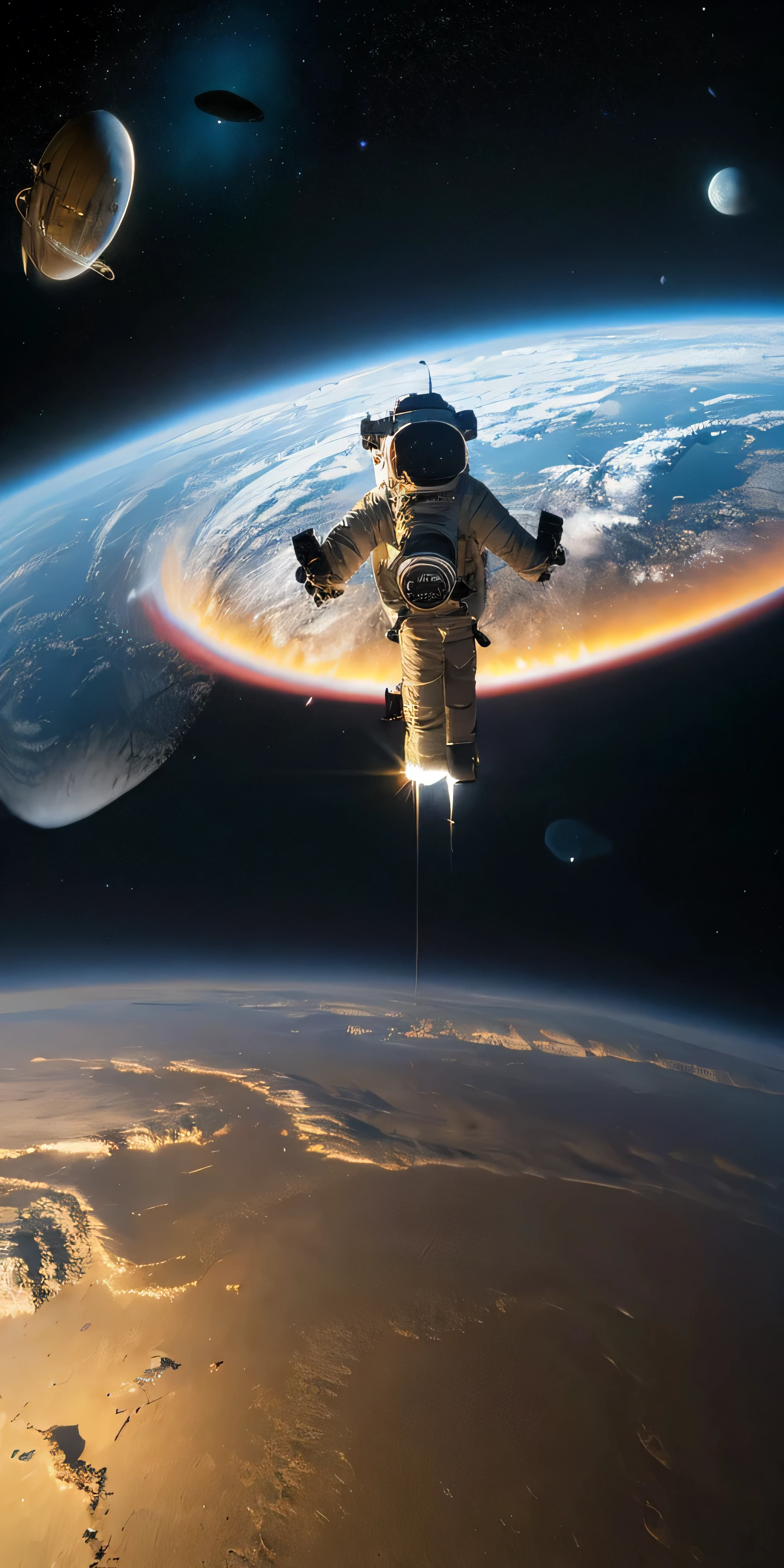 A solitary astronaut drifts through vast space, tethered to a slowly rotating station. Distant stars and planets looming in the background, reflecting off his helmet glass. This scene evokes isolation and tranquility, Illustrated in the style of cinematic science fiction realism. soft edge lighting, gradient of deep black space, tekstur ultra tajam. Masterpiece-level digital artwork, 4K+.