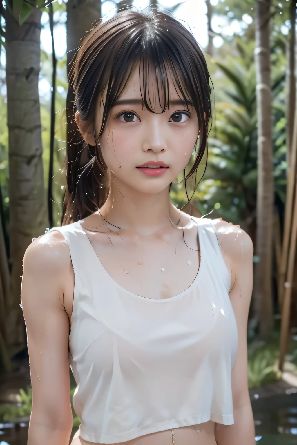 (best quality:1.2), masterpiece, Realistic, Ultra-high resolution, ((a beautiful Japanese idol woman:1.2)), (Gaunt:1.3), (((Very flat :1.4))), ((Baby Face)), ((upper body)), (nup, cheerleader:1.2), (show me your armpit:1.2), (sweaty armpit:1.3), ((Armpits are wet and shiny with sweat)), She has skin that sweats easily Soaking wet, Sweaty, (I can see my pores:1.2), , solo, smile, standing, looking at viewer