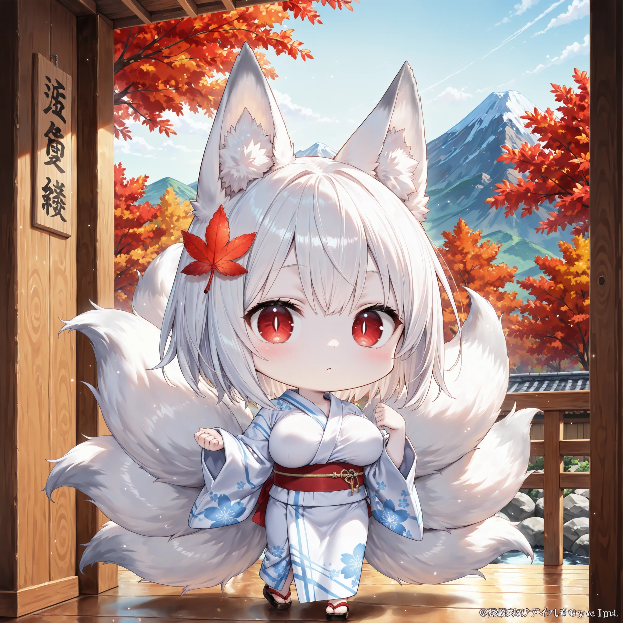 chibi,,(1 person:1.4)、chibi only、little character、2.5 heads tall、Walking Fox Eared Girl、(pale skin:1.2)、long white hair、Nine-Tailed Fox、red eyes、vertical pupils、(big boobs:1.2)、a simple yukata with white and blue stripes、Wooden Corridor、hot spring inn、Fluttering Red Maple Leaves、Mountain with autumn leaves々、Red Dragonfly、No expression、masterpiece、Highest Quality、Ultra Detailed 、anime style、