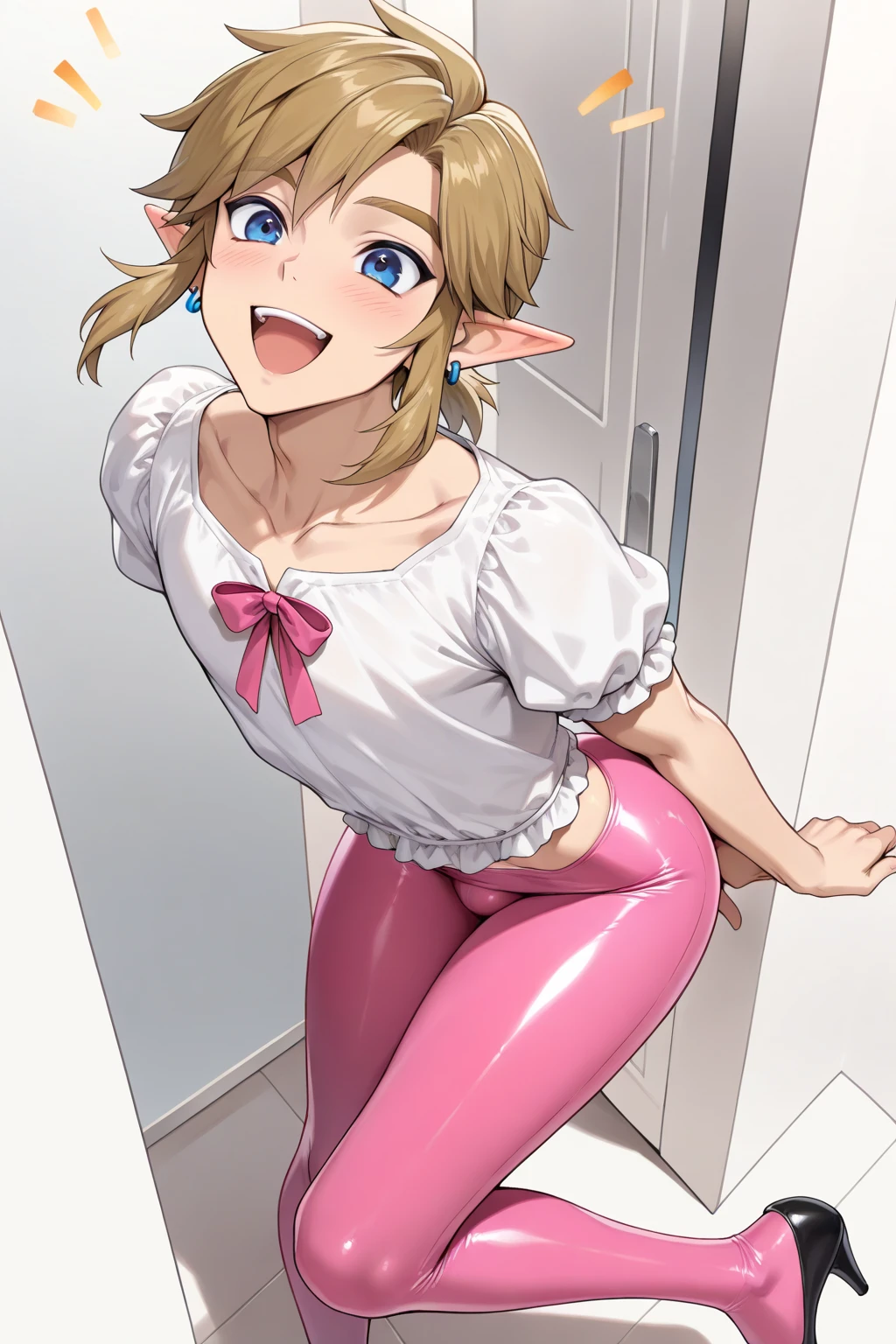 1girl,  10yearold blonde  is  and is  with you in a makeshift studio in your basement. camera. dog collar, dog leash, , ,  with viewer, you are holding the leash attached to her collar, back view