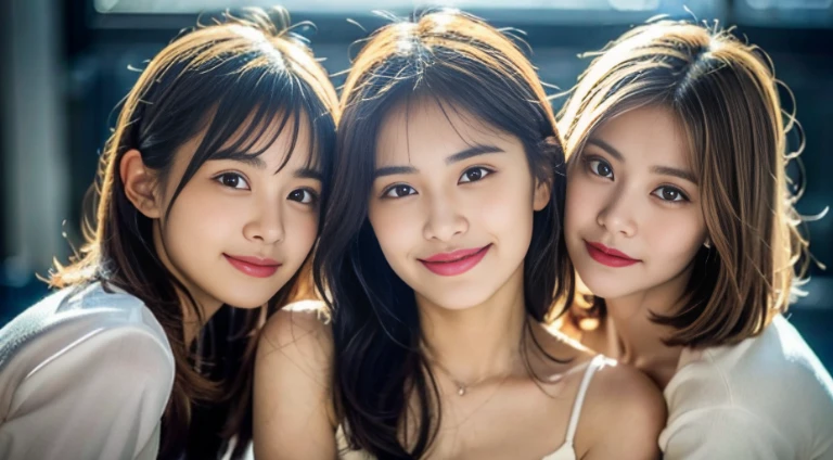 Three smiling girls, Blowing in the wind for a long time [Blue-black:.3] hair,View Audience, (masterpiece:1.3), (8K, Realistic, RAW Photos, Highest quality: 1.4), Japanese, (One Girl), Beautiful Face, (Realistic Face), beautiful hairstyle, Realistic eyes, Beautiful details, (Realistic Skin), Beautiful Skin, charm, Ultra-high resolution, Ultra-realistic, Very detailed, School, classroom, Shooting with a smartphone、