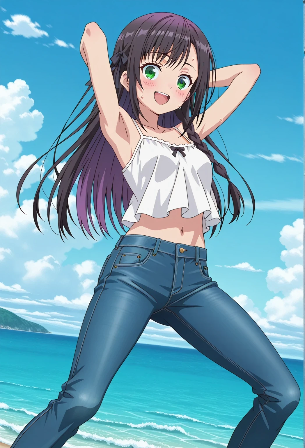 score_9, score_8_up, score_7_up, source_anime, highres, hi res, ((best quality, top quality, perfect quality, Highest Quality, amazing quality)), {{masterpiece}}, {{an extremely delicate and beautiful}}, 2d, intricate details, official style, anime, 8k, anime style, official_anime, official art, digital painting, cell shading, soft shading, high resolution, soothing tones, Subdued Color, Soft cinematic light, adobe lightroom, photolab, HDR, intricately and hyper-detailed, ((high quality animation)), 1 girl, Alone, solo, ((ocean)), tsunami, on the water, day, sunny, outdoors, sky, windy, alina clover (girumasu), long hair, multicolored hair, black hair, purple hair, swept bangs, black hair ribbon, single braid, blue eyes, (green eyes:0.8), anime screencap, small , white camisole top, crop top, white crop top, best quality, hyper-detailed jeans, ((blue jeans:1.9)), (dark blue jeans:0.6), full medium body, medium shot, Open mouth, smiling, happy face, blush, sweat, standing, ((arms behind head:6.0)), bowlegged, jumping pose, action, looking at viewer, , Bend knees slightly, straight-on front view