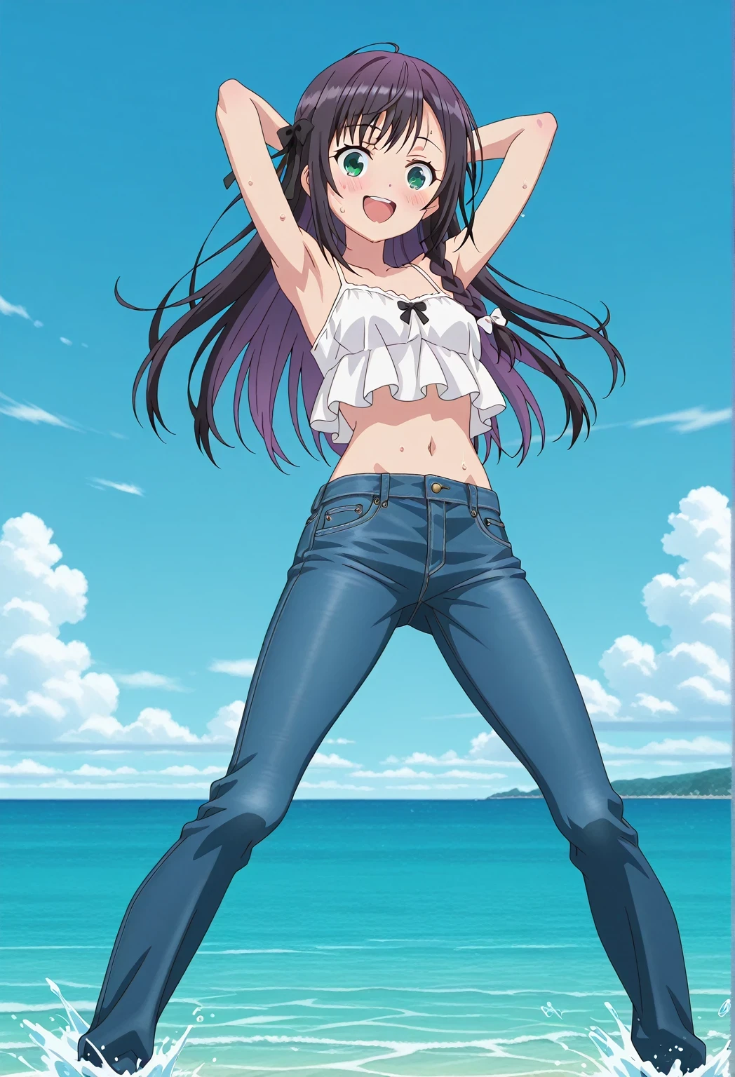 score_9, score_8_up, score_7_up, source_anime, highres, hi res, ((best quality, top quality, perfect quality, Highest Quality, amazing quality)), {{masterpiece}}, {{an extremely delicate and beautiful}}, 2d, intricate details, official style, anime, 8k, anime style, official_anime, official art, digital painting, cell shading, soft shading, high resolution, soothing tones, Subdued Color, Soft cinematic light, adobe lightroom, photolab, HDR, intricately and hyper-detailed, ((high quality animation)), 1 girl, Alone, solo, ((ocean)), tsunami, on the water, day, sunny, outdoors, sky, windy, alina clover (girumasu), long hair, multicolored hair, black hair, purple hair, swept bangs, black hair ribbon, single braid, blue eyes, (green eyes:0.8), anime screencap, small , white camisole top, crop top, white crop top, best quality, hyper-detailed jeans, ((blue jeans:1.9)), (dark blue jeans:0.6), full medium body, medium shot, Open mouth, smiling, happy face, blush, sweat, standing, ((arms behind head:6.0)), bowlegged, jumping pose, action, looking at viewer, , Bend knees slightly, straight-on front view