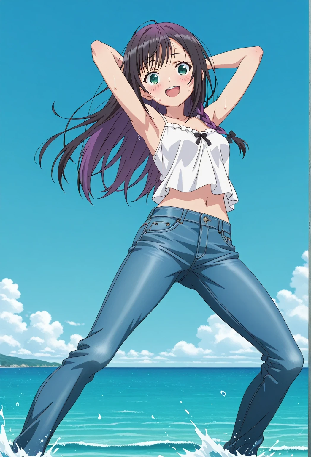 score_9, score_8_up, score_7_up, source_anime, highres, hi res, ((best quality, top quality, perfect quality, Highest Quality, amazing quality)), {{masterpiece}}, {{an extremely delicate and beautiful}}, 2d, intricate details, official style, anime, 8k, anime style, official_anime, official art, digital painting, cell shading, soft shading, high resolution, soothing tones, Subdued Color, Soft cinematic light, adobe lightroom, photolab, HDR, intricately and hyper-detailed, ((high quality animation)), 1 girl, Alone, solo, ((ocean)), tsunami, on the water, day, sunny, outdoors, sky, windy, alina clover (girumasu), long hair, multicolored hair, black hair, purple hair, swept bangs, black hair ribbon, single braid, blue eyes, (green eyes:0.8), anime screencap, small , white camisole top, crop top, white crop top, best quality, hyper-detailed jeans, ((blue jeans:1.9)), (dark blue jeans:0.6), full medium body, medium shot, Open mouth, smiling, happy face, blush, sweat, standing, ((arms behind head:6.0)), bowlegged, jumping pose, action, looking at viewer, , Bend knees slightly, straight-on front view