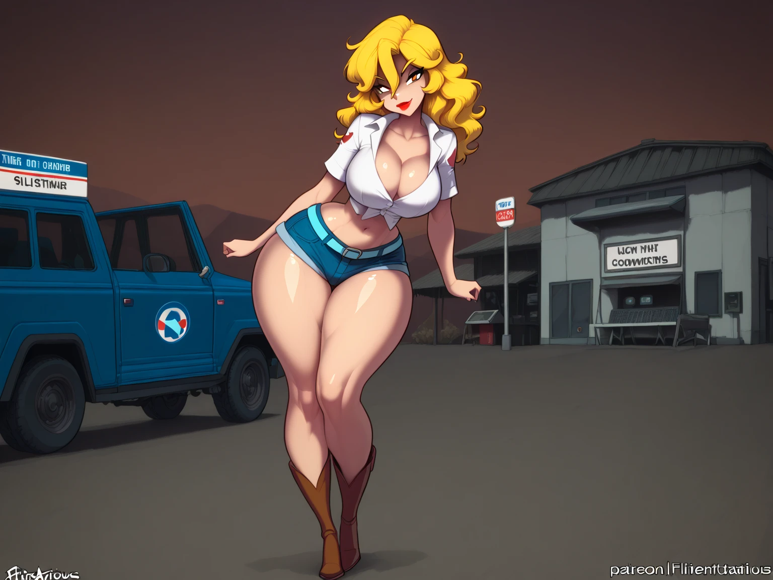 Callie briggs, 1girl solo, outdoors, beachfront, looking at viewer, rear view, standing, huge butt, head turned to viewer, legs, white bikini, bra, thicc thighs, bikini bottom on ground, wardrobe malfunction, going bottomless, vagina, bare ass