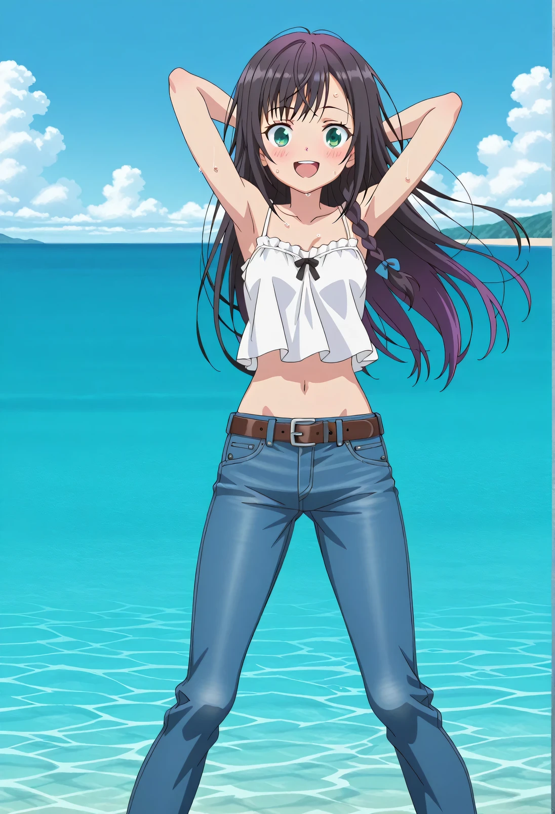 score_9, score_8_up, score_7_up, source_anime, highres, hi res, ((best quality, top quality, perfect quality, Highest Quality, amazing quality)), {{masterpiece}}, {{an extremely delicate and beautiful}}, 2d, intricate details, official style, anime, 8k, anime style, official_anime, official art, digital painting, cell shading, soft shading, high resolution, soothing tones, Subdued Color, Soft cinematic light, adobe lightroom, photolab, HDR, intricately and hyper-detailed, ((high quality animation)), 1 girl, Alone, solo, ((ocean)), tsunami, on the water, day, sunny, outdoors, sky, windy, alina clover (girumasu), long hair, multicolored hair, black hair, purple hair, swept bangs, black hair ribbon, single braid, blue eyes, (green eyes:0.8), anime screencap, small , white camisole top, crop top, white crop top, best quality, hyper-detailed jeans, ((blue jeans:1.9)), (dark blue jeans:0.6), full medium body, medium shot, Open mouth, smiling, happy face, blush, sweat, standing, ((arms behind head:6.0)), bowlegged, jumping pose, action, looking at viewer, , Bend knees slightly, straight-on front view, belt, brown belt