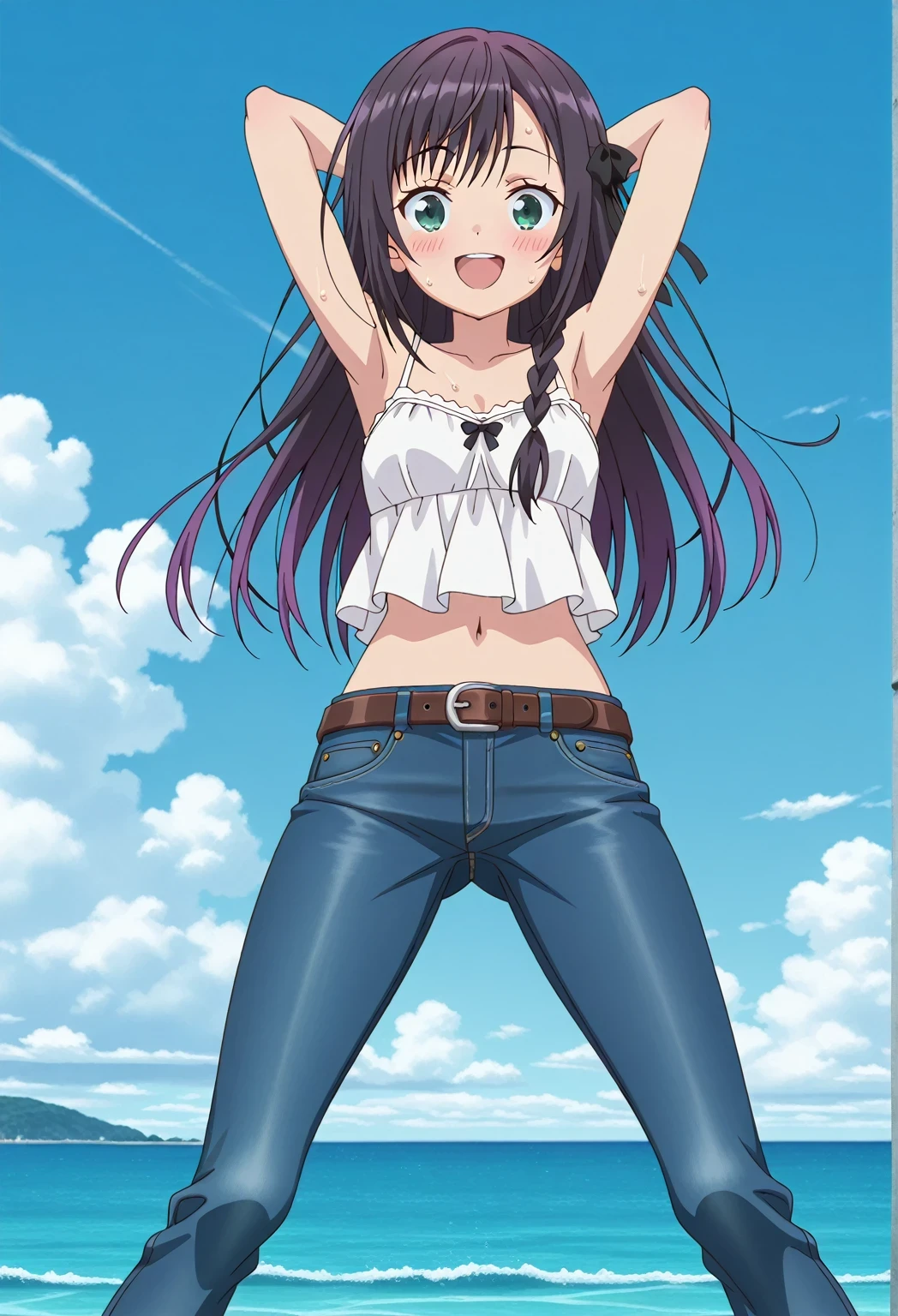 score_9, score_8_up, score_7_up, source_anime, highres, hi res, ((best quality, top quality, perfect quality, Highest Quality, amazing quality)), {{masterpiece}}, {{an extremely delicate and beautiful}}, 2d, intricate details, official style, anime, 8k, anime style, official_anime, official art, digital painting, cell shading, soft shading, high resolution, soothing tones, Subdued Color, Soft cinematic light, adobe lightroom, photolab, HDR, intricately and hyper-detailed, ((high quality animation)), 1 girl, Alone, solo, ((ocean)), tsunami, on the water, day, sunny, outdoors, sky, windy, alina clover (girumasu), long hair, multicolored hair, black hair, purple hair, swept bangs, black hair ribbon, single braid, blue eyes, (green eyes:0.8), anime screencap, small , white camisole top, crop top, white crop top, best quality, hyper-detailed jeans, ((blue jeans:1.9)), (dark blue jeans:0.6), full medium body, medium shot, Open mouth, smiling, happy face, blush, sweat, standing, ((arms behind head:6.0)), bowlegged, jumping pose, action, looking at viewer, , Bend knees slightly, straight-on front view, belt, brown belt