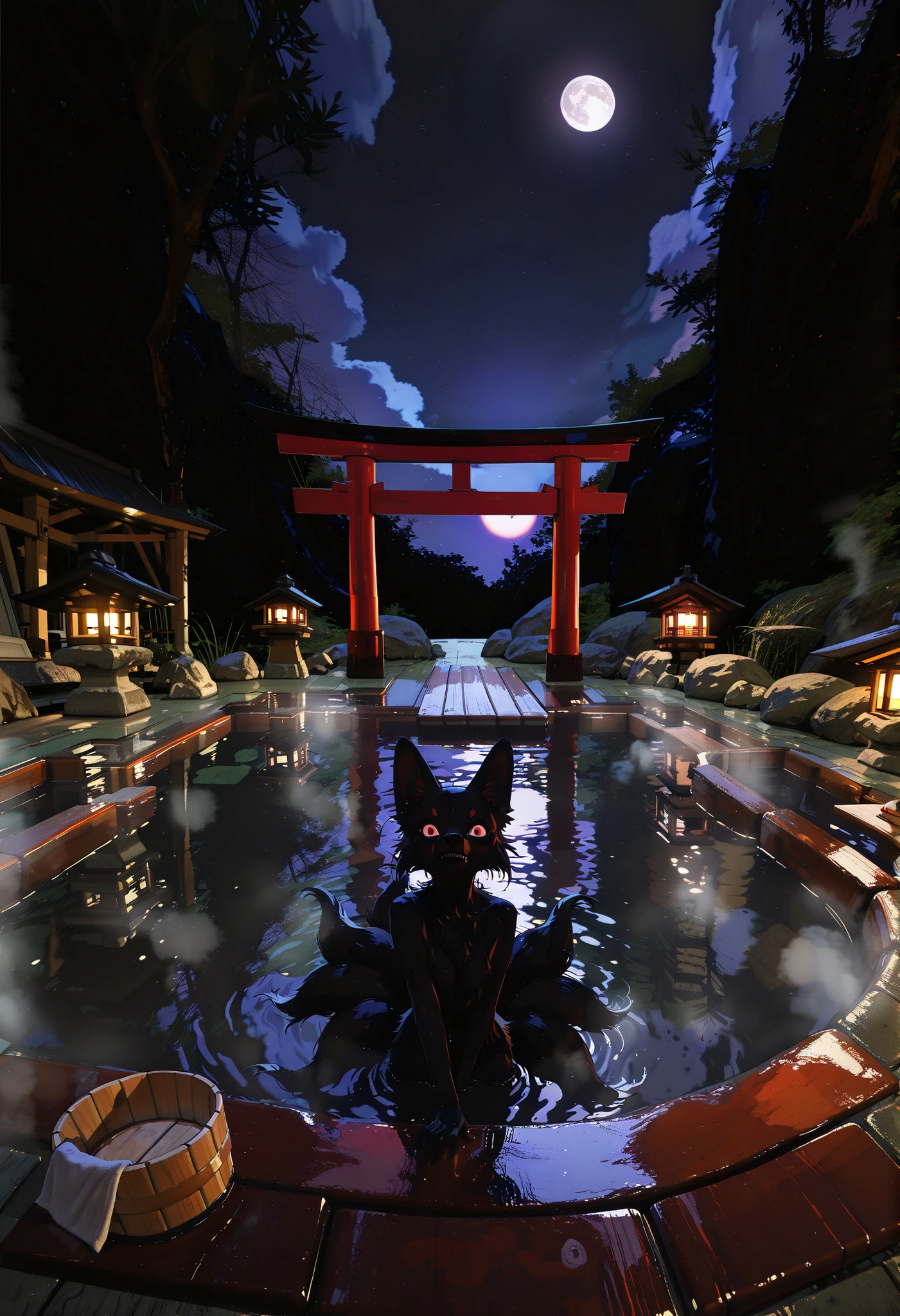 masterpiece, best quality, high resolution, ultra-detailed, very aesthetic, absurdres, solo, no humans, kyuubi, kitsune, black body fur, red eyes, fox ears, multiple tails, bathing, water, (onsen:1.2), steam, rock, wooden bucket, red torii, shrine, night, full moon, cloud, horror, darkness,