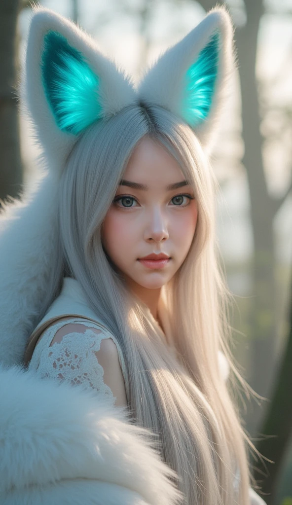 (Highest quality, 4K, Masterpiece, Amazing details:1.1), Lying near a lake,sein moyen. yeux bleus profonds,, (corps entier:1.3) faible profondeur de champ, E671, lens 50mm f/2.0, (( Anthro loup blanc femelle)), sourcils fins, short wavy hair with flower hair ornament, (realistic white fur, Detailed fur texture:1.2), ((photoreallistic) (Photo brute))